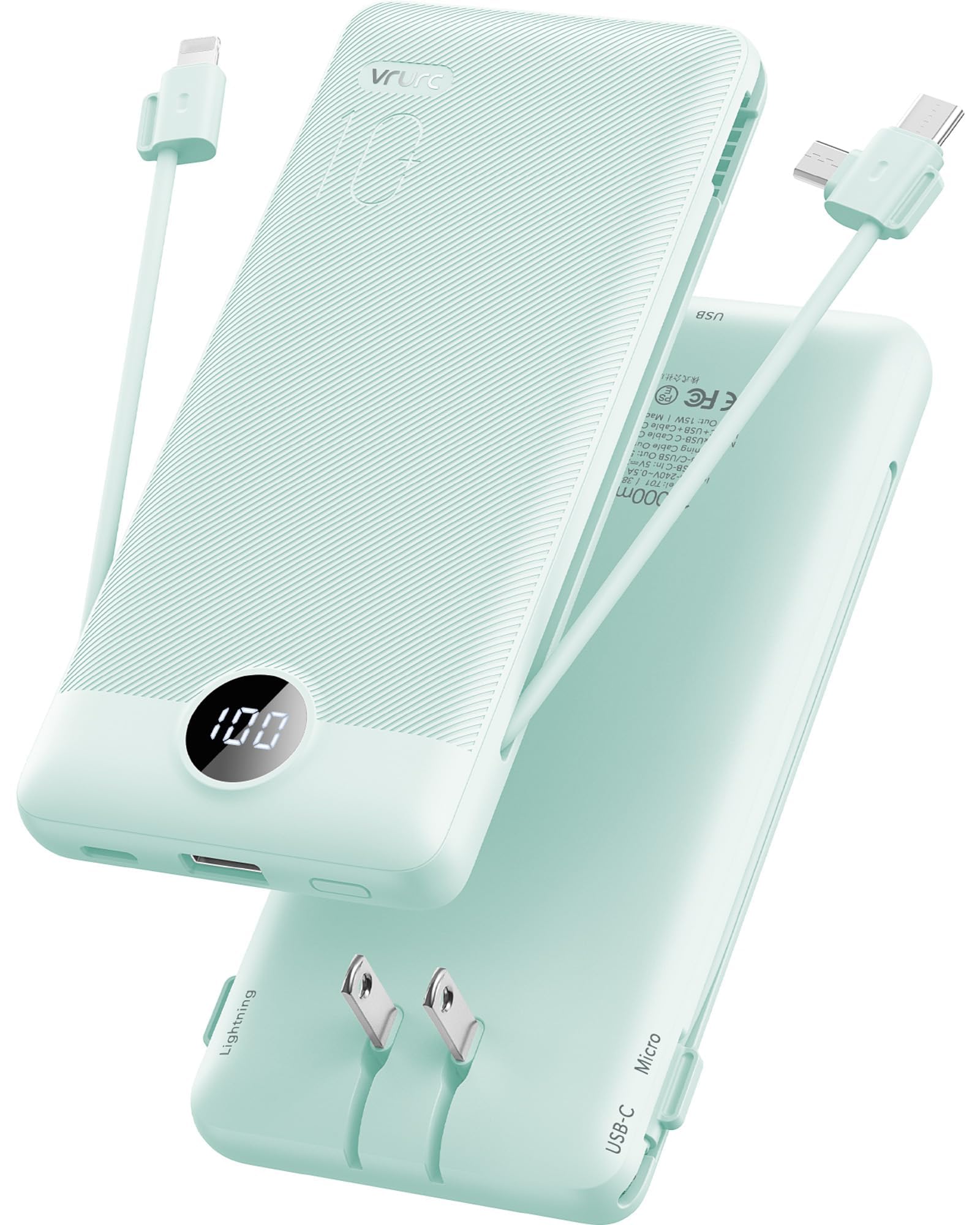 VRURC Portable Charger Built-in Cables and AC Wall Plug, USB C Power Bank 10000mAh, Travel Battery Portable Phone Charger Compact Lightweight External Battery Pack for Smart Phones, Tablets etc-Green