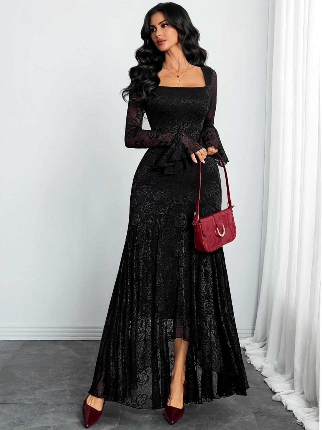 GothDark Womens Lace Maxi Dress Bodycon Square Neck Floral Sheer Ruffle Sleeves High Low Mermaid Elegant Evening Party Outfit - Image 3