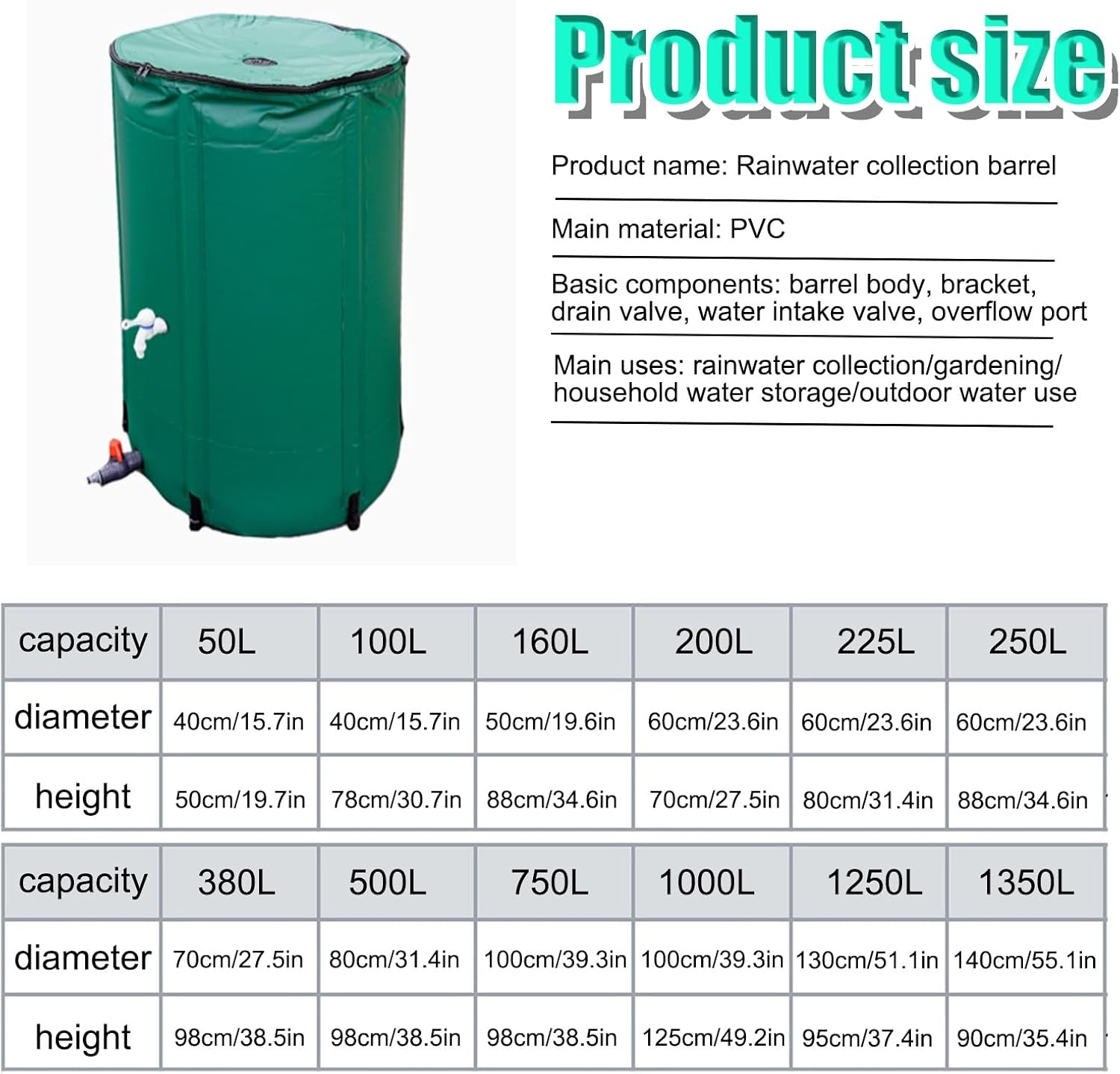 Rain Barrels，Rainwater Collection System，Collapsible Rain Barrel, Portable Water Storage Tank,PVC Folding Rainwater Collection Barrel,for Garden Outside Lawn(160L)