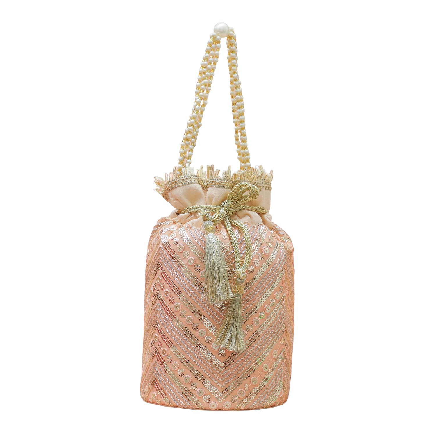 Peach Embroidered Potli Bag with Pearl Handle Festive Handbag Gift for Women & Girls-image-26