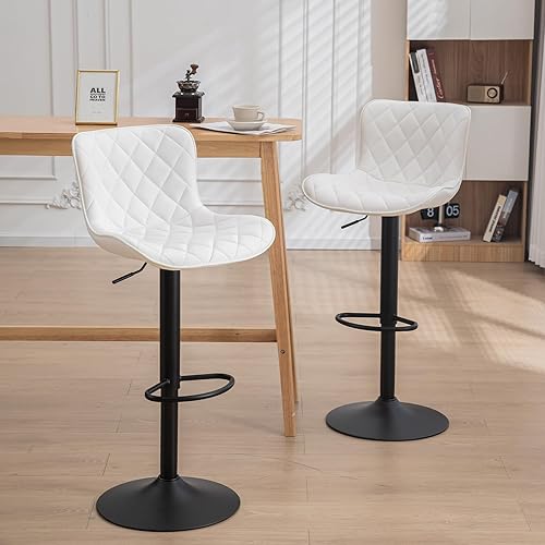 Kidol & Shellder Counter Height Bar Stools Set of 2 White Adjustable Swivel Barstools High Back PU Leather Soft Cushion Modern Bar Chairs for Home Kitchen Island