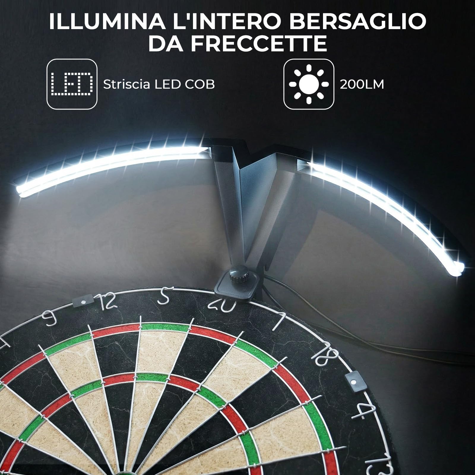 Illuminazione per Bersaglio Freccette 120°, Luce LED 6000K Bianco Giorno, Cavo Alimentazione 3m con Spina UE, Sistema Rimovibile per Bersagli in Sisal, Fissaggio a Clip Semplice