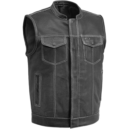 First Mfg Co Sharp Shooter Men's Motorcycle leather Vest - Classic Black Leather, Banded Collar, Covered Snaps