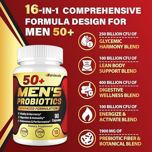 Miniatura 6 de Probióticos para hombres, potente probiótico para hombres 50+, salud intestinal y digestiva completa, con 850 mil millones de UFC, 1900 mg de fibra