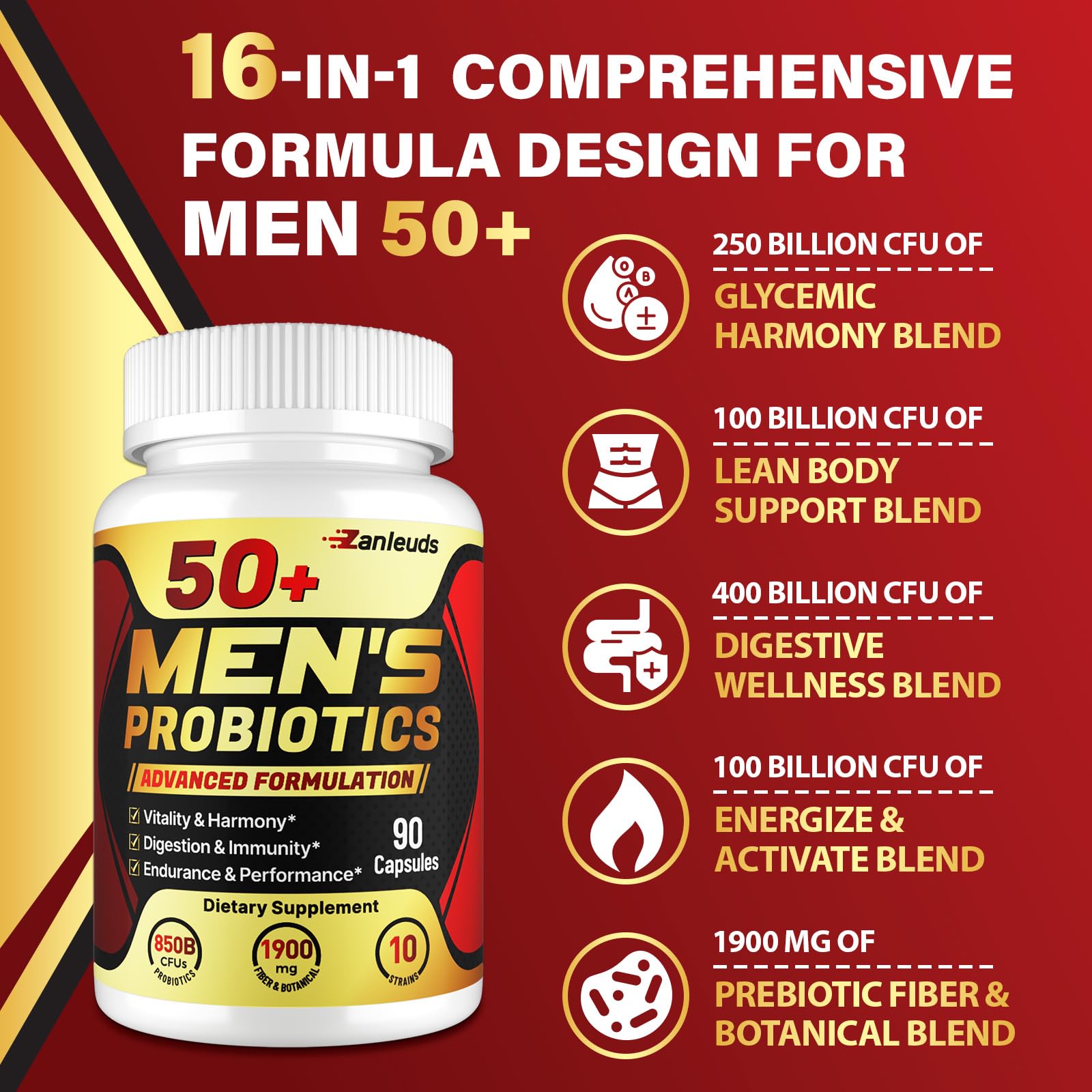 Probióticos para hombres, potentes probióticos para hombres de más de 50 años, salud intestinal y digestiva completa, con 850 mil millones de CFU, fibra prebiótica de 1900 mg, energize, inmune