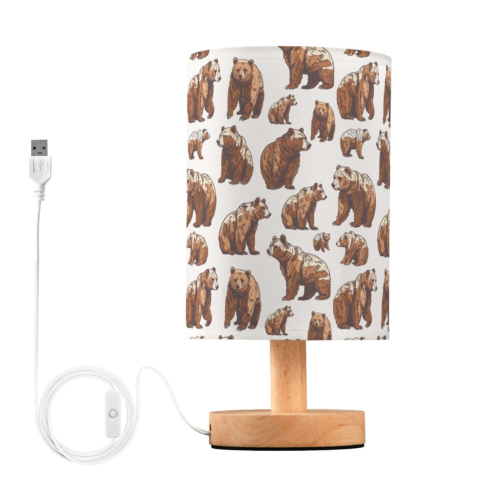 Cute Grizzly Bears Bedside Table Lamp for Bedroom, USB Small Nightstand Lamp with Wood Base for Bedroom,Living Room, Office Desk