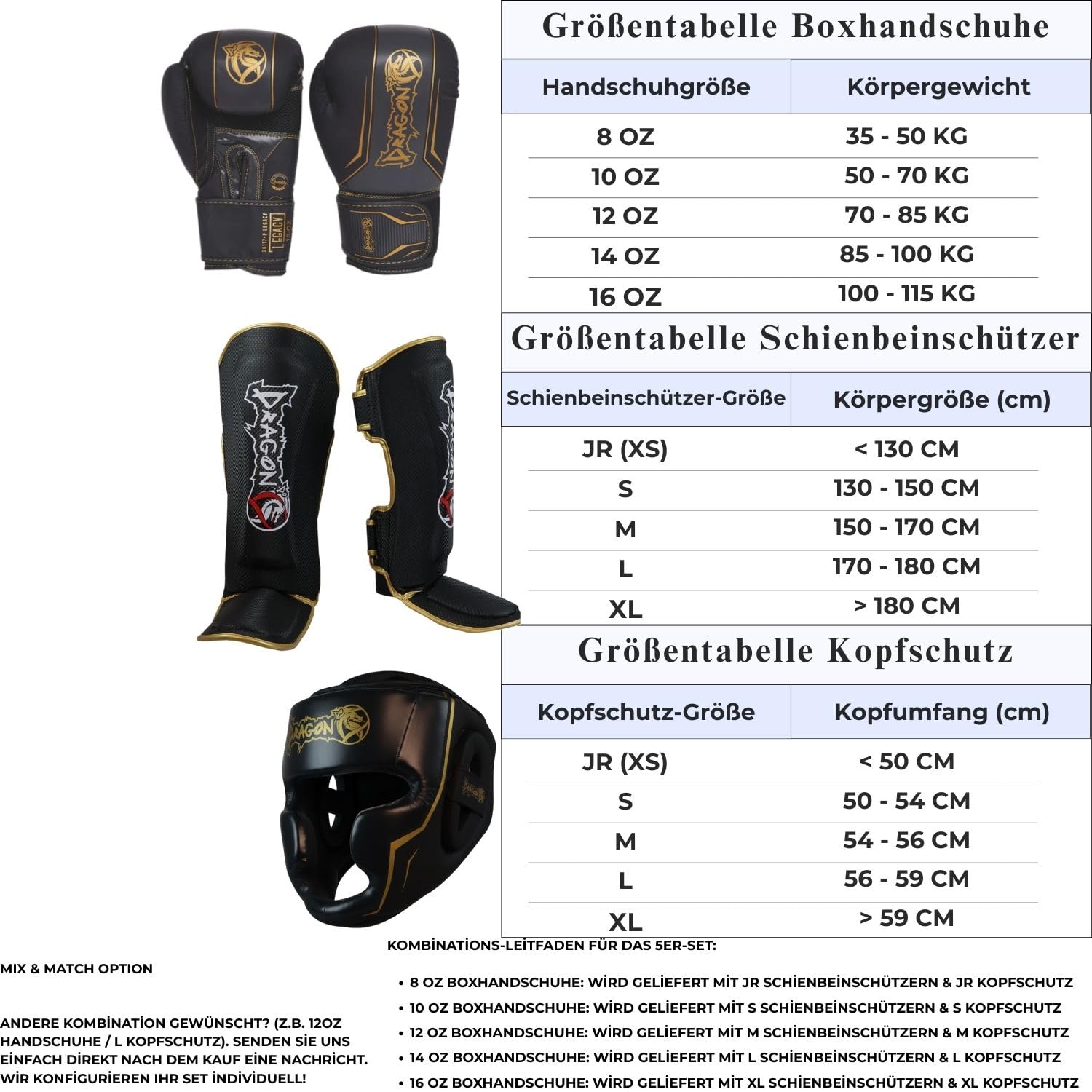 Dragon Do Legacy Box-Set 5-teilig Profi Boxhandschuhe Schienbeinschoner Full-Face Kopfschutz 3.5M Bandagen Zahnschutz Premium MMA Muay Thai Kickboxen Equipment Set