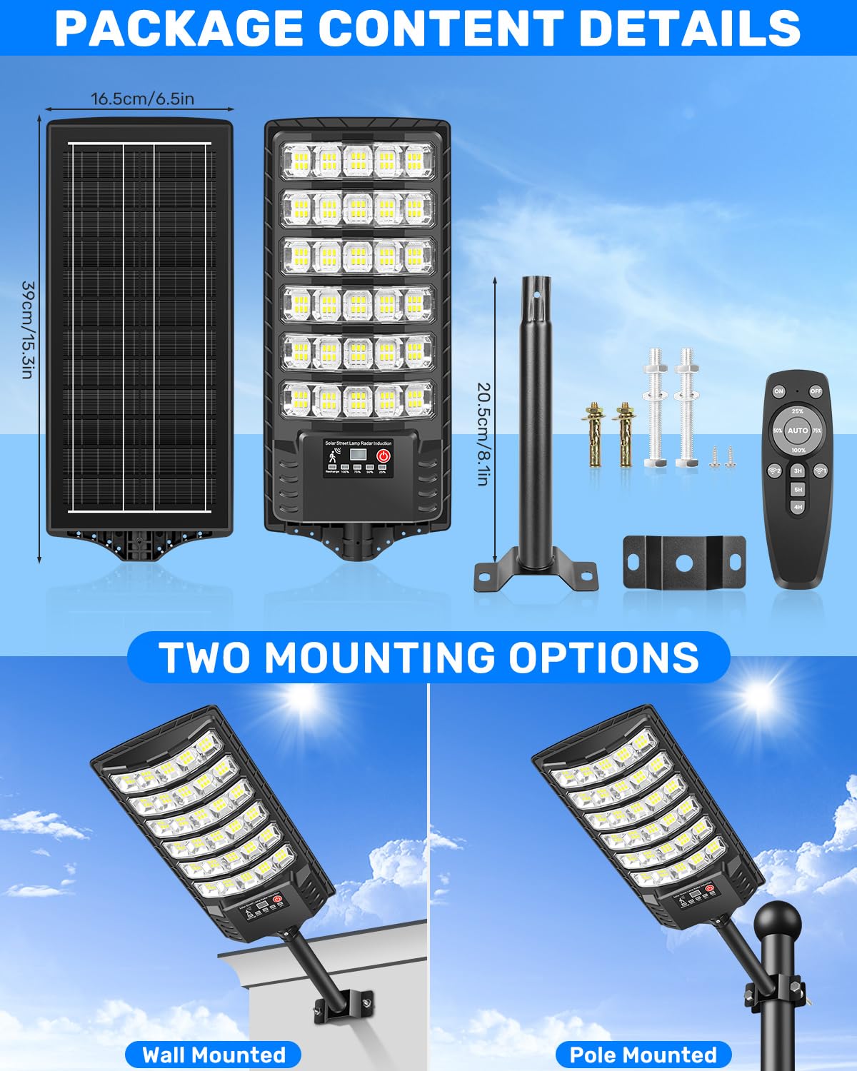 LEKIA Farola Solares Exterior, Potente 1000W 7000K Luz Solar Exterior con Sensor Movimiento y Mando Distancia, Focos LED Solar Impermeable Luces Solares para Jardín, Calle (2 Paquetes)