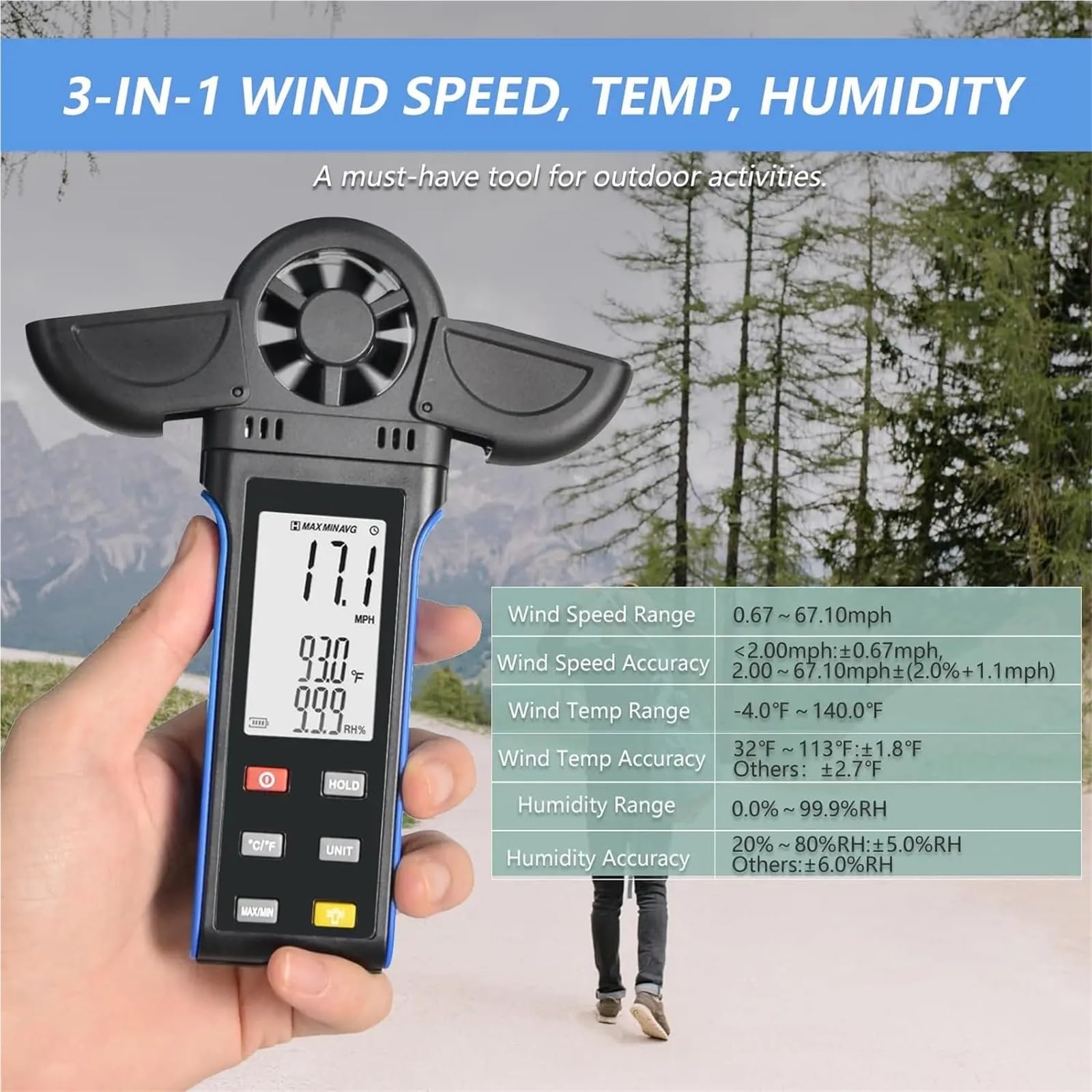 Anemómetro Portátil, Anemómetro de mano con detector giratorio de 270° y cubierta de paleta, medidor digital de velocidad del viento.