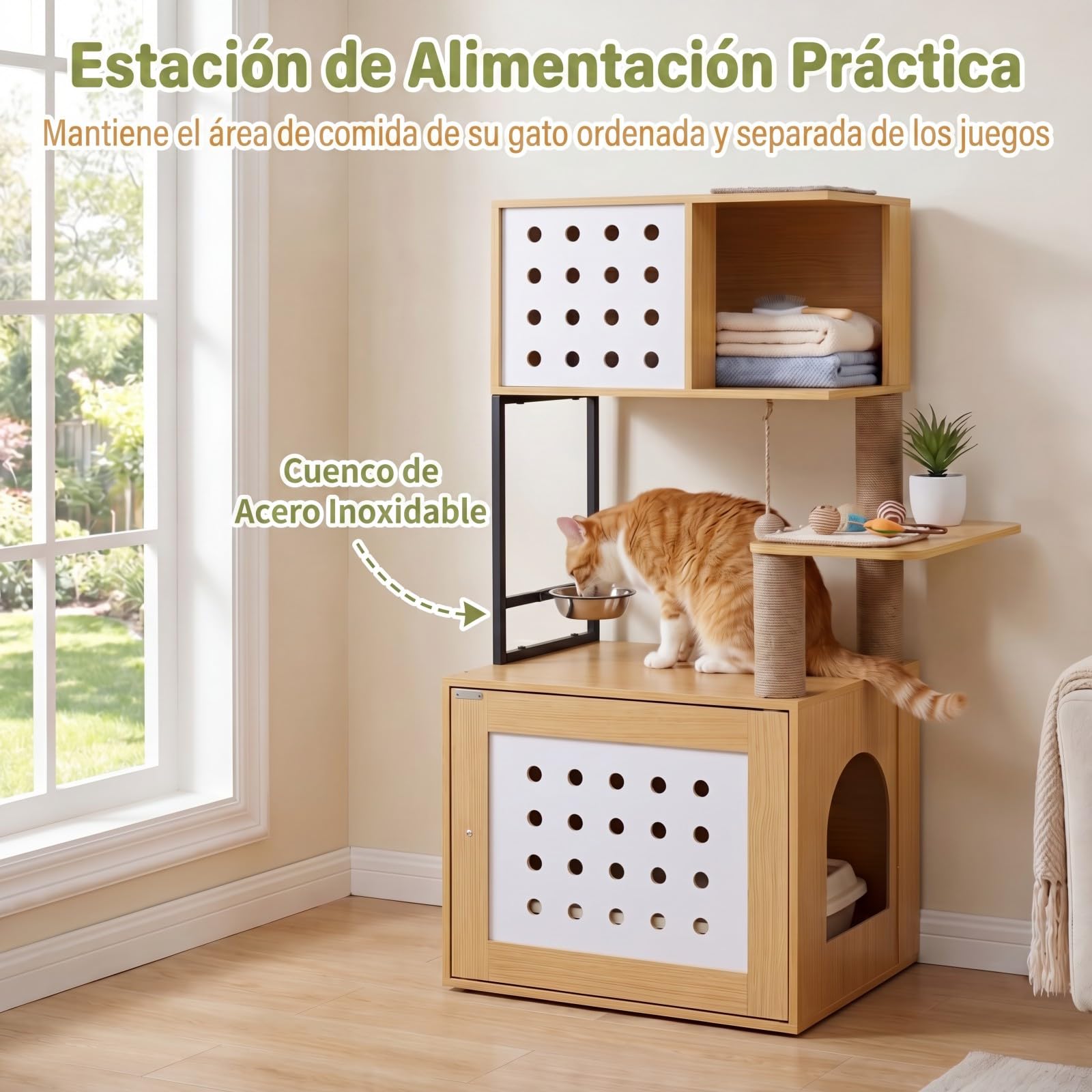 GOPLUS Árbol Rascador para Gatos de Múltiples Niveles, Altura 117,5 cm, Torre para Gatos con Recinto para Caja de Arena, Postes Rascadores de Sisal, Condo, Alimentación y Bola Colgante (Natural)
