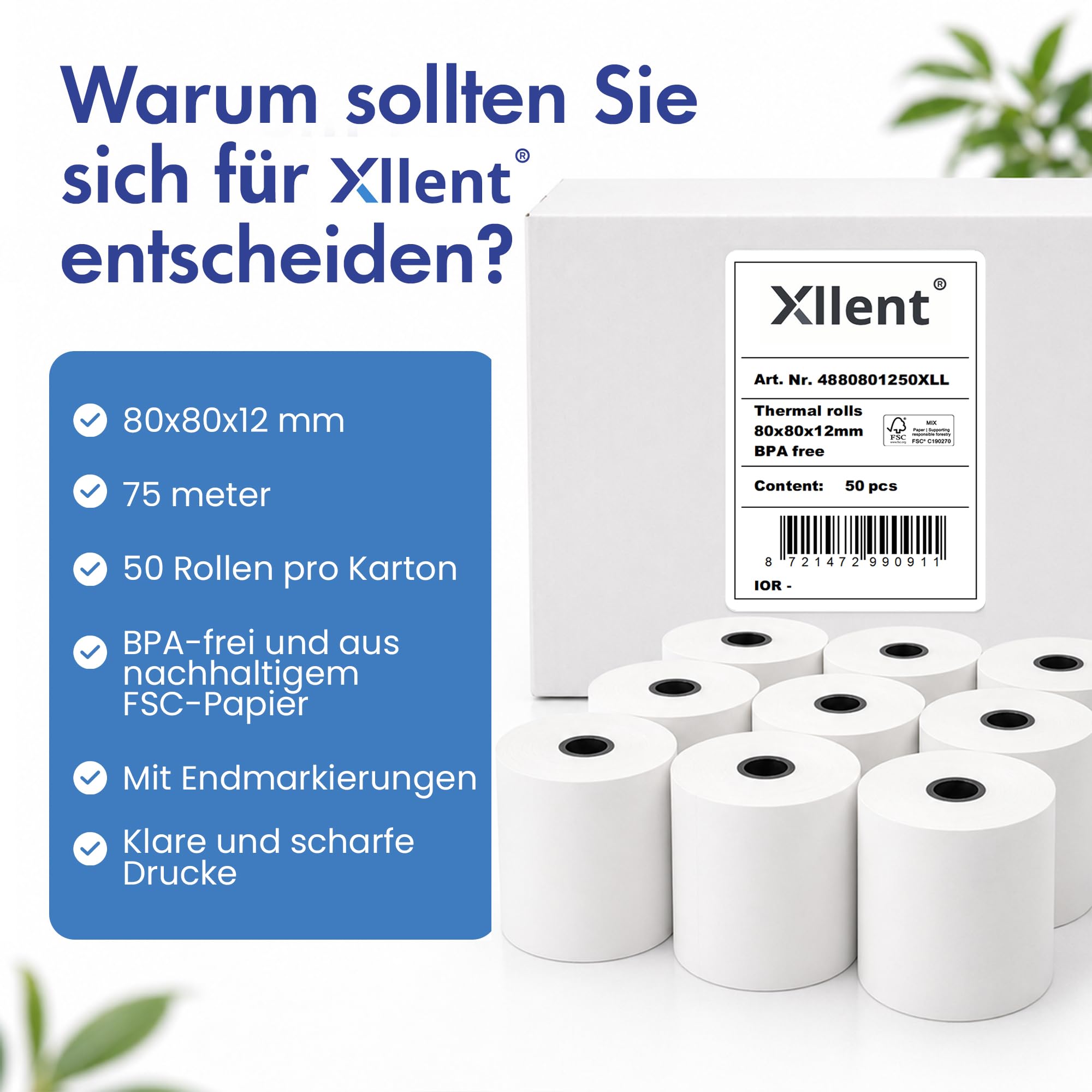 Xllent Thermorollen 80mm x 80mm x 12mm - 50 Stück, Kassenrollen aus Thermopapier, Bonrollen Thermo, hochwertige Thermopapierrollen für Registrierkasse, BPA frei