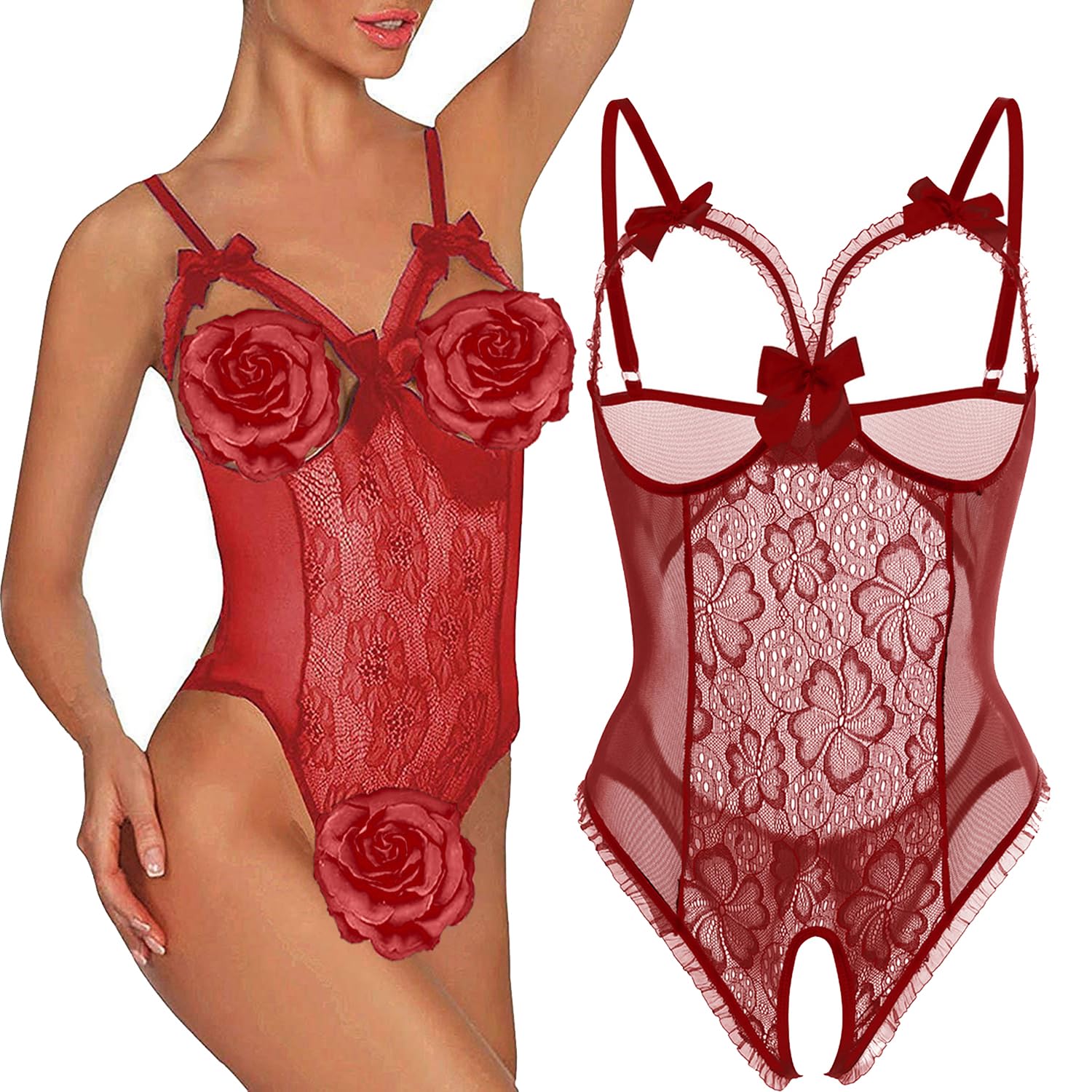 AIBINGGE Lingerie for Women Sexy Teddy One-Piece Lace Babydoll Bodysuit Nightie Plus Size: XX-Large Wine Red