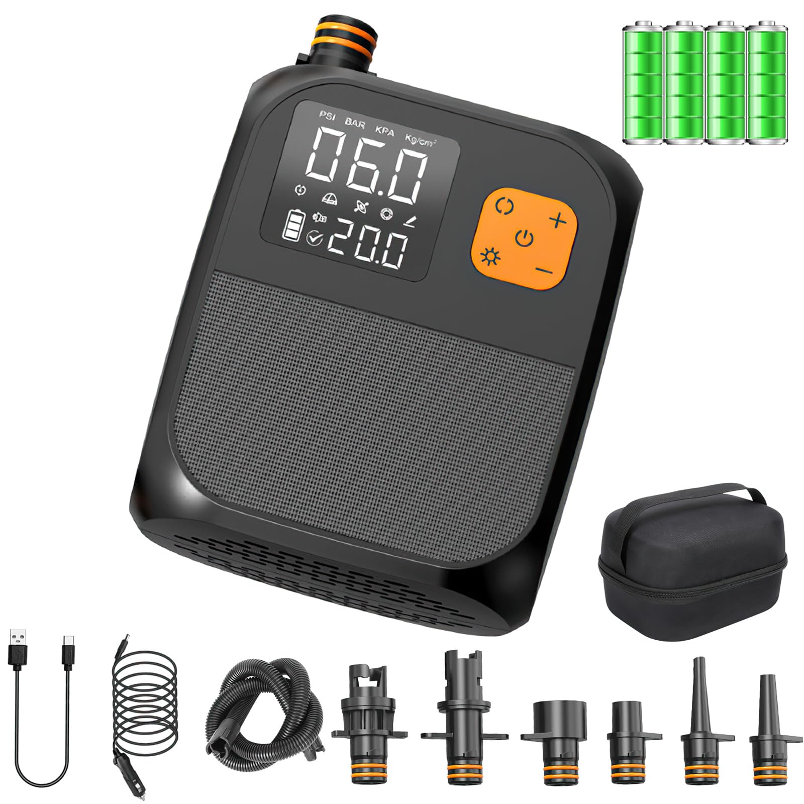 OBEST Inflador Electrico Sup Portátil 25PSI, 8000mAh Hinchador Electrico Paddle Surf Recargable, Bomba Aire Inalámbrico, LCD Digital, Parada-Auto, 6 Boquillas para Tabla Paddle Botes Inflable Kayak