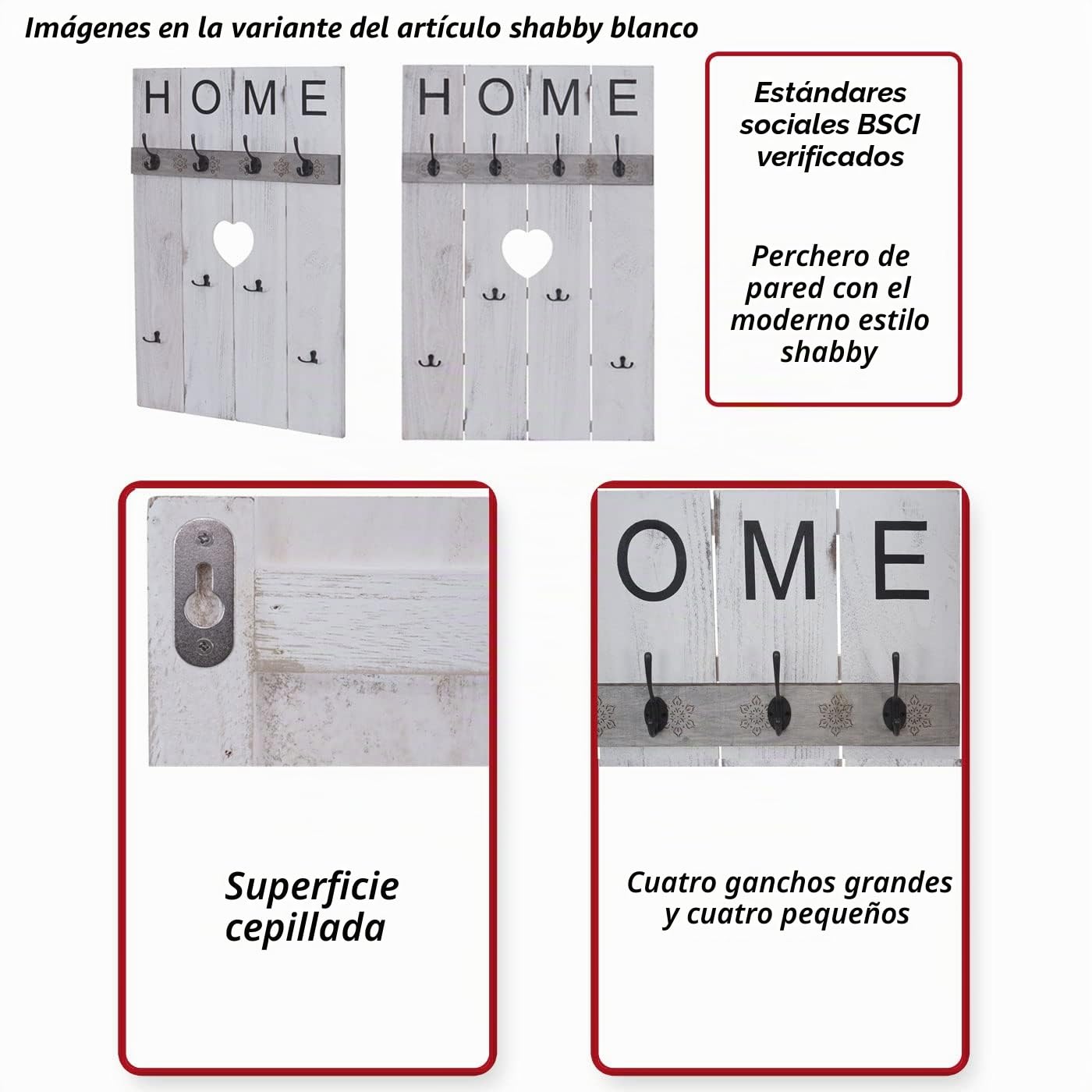 Mendler HWC-C89AM Home - Perchero de Pared Colgador Ropa, 8 Ganchos, 91 x 60 cm, Color Blanco