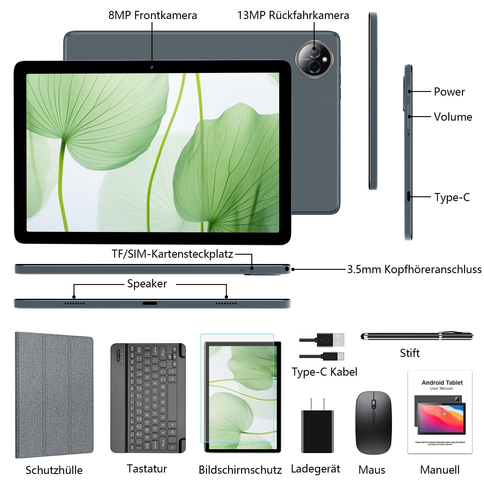 2026 Neueste Android Tablet, Android Tablet 10 Zoll mit 14GB+128GB+1TB TF, 4G LTE 5GHz WiFi Tablet PC, Octa Core, 1280x800 Incell IPS, 7000mAh,13MP+8MP, GPS, GMS, mit Tastatur Stift und Hülle, Grau