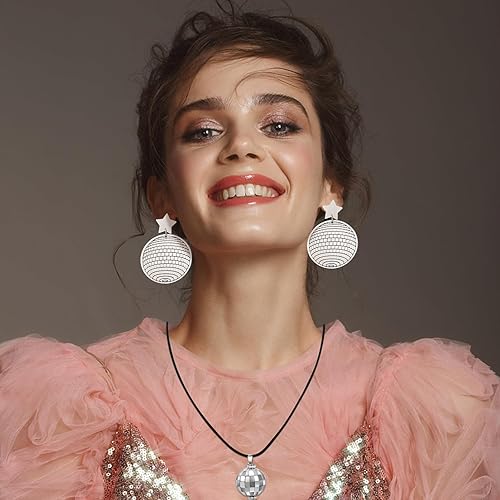 Miniatura 6 de OYANIMO 4 piezas de accesorios de bola de discoteca aretes de bola de discoteca para mujer, pulsera de bola de espejo de discoteca de los años 60 y