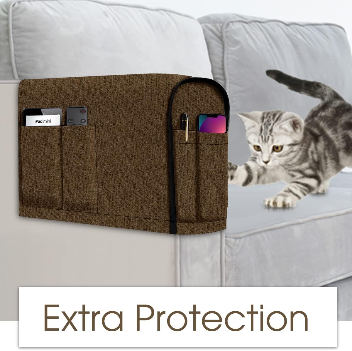 Joywell Couch Armrest Covers Anti-Slip Sofa Arm Protector for Living Room, Armchair Slipcover for Armrest Recliner with 4 Pockets for Tv Remote, Phone, Set of 2, Chocolate