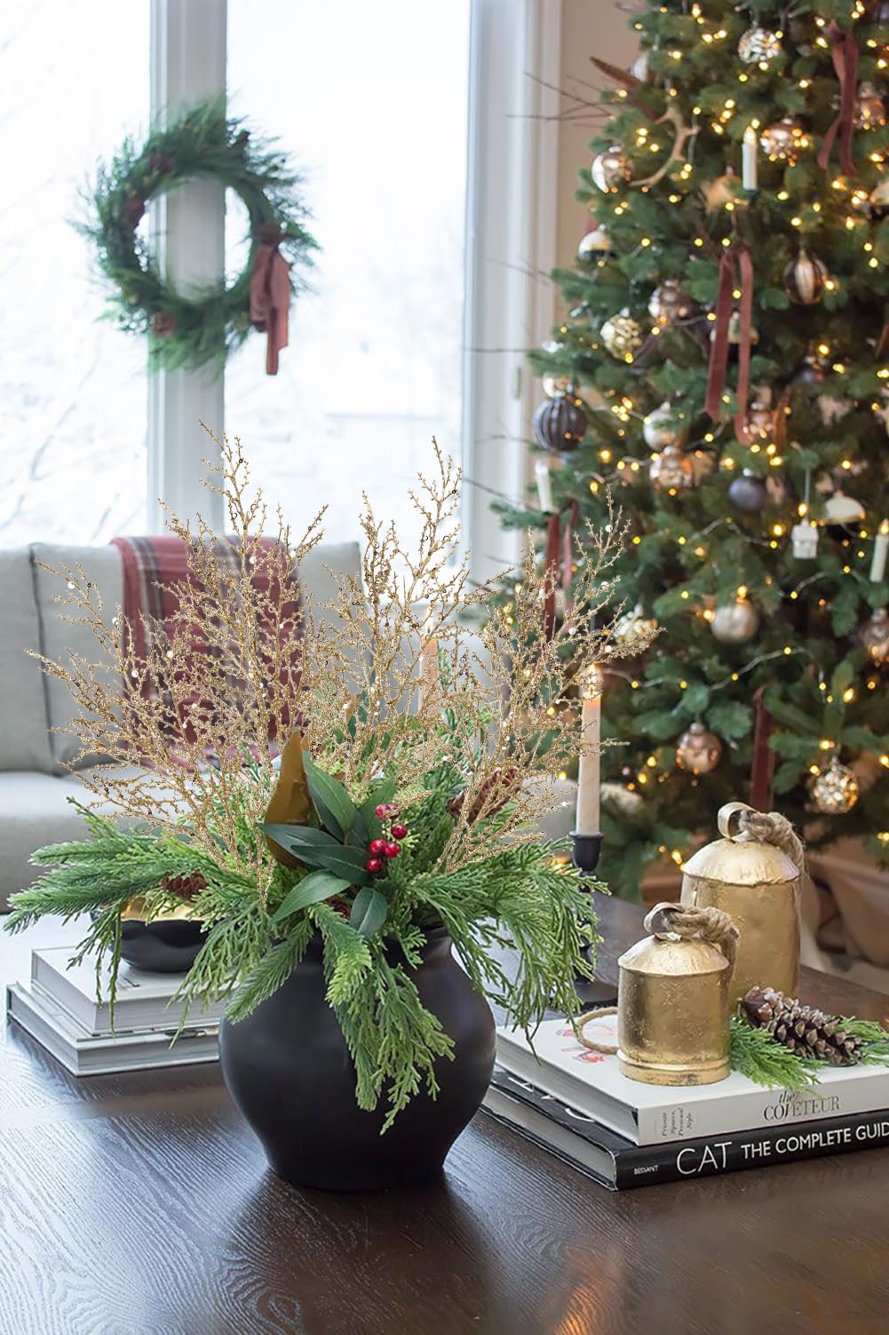 Hollyone 5PCS Glittery Christmas Branches with Sequins, Champagne Gold Arificial Plant with Long Stems - Image 4