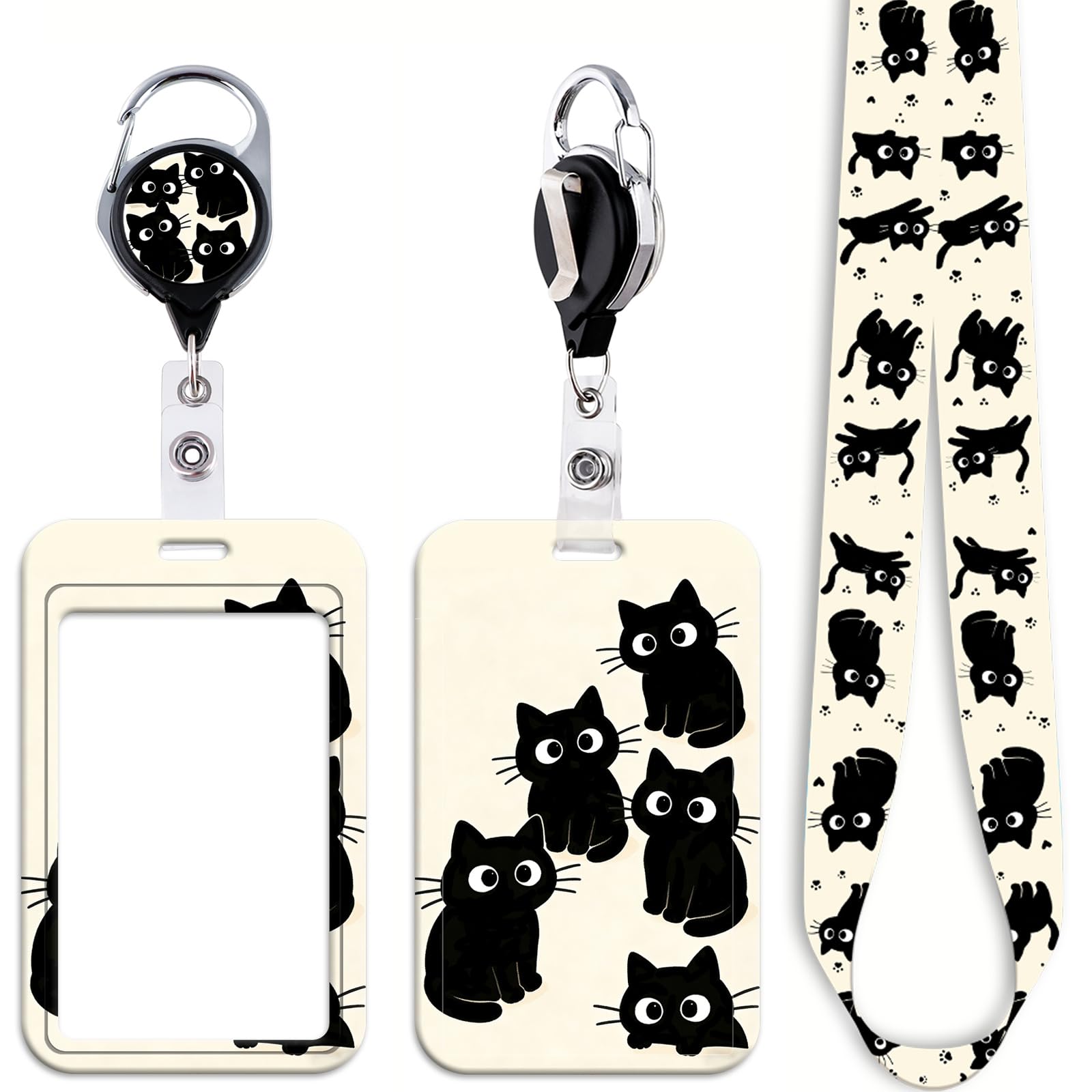Cute Black Cats ID Card Holder Lanyard Work Keychain Retractable Badge Reel Clip Plastic Badge Holder Lanyard for Neck for Keys Name Tag ID Holder for Women Girls Kids Teachers Staff, Office & School