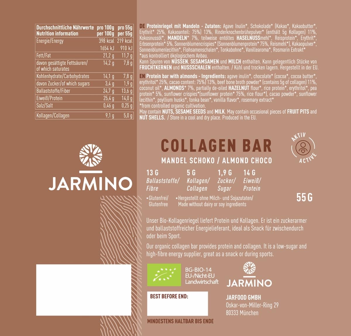 Kollagen Riegel High Protein Bar Almond Chocolate 12x55g - High Protein Low Sugar Proteinriegel + Palmölfrei (Mandel-Schoko) Protein Riegel 12 Pieces