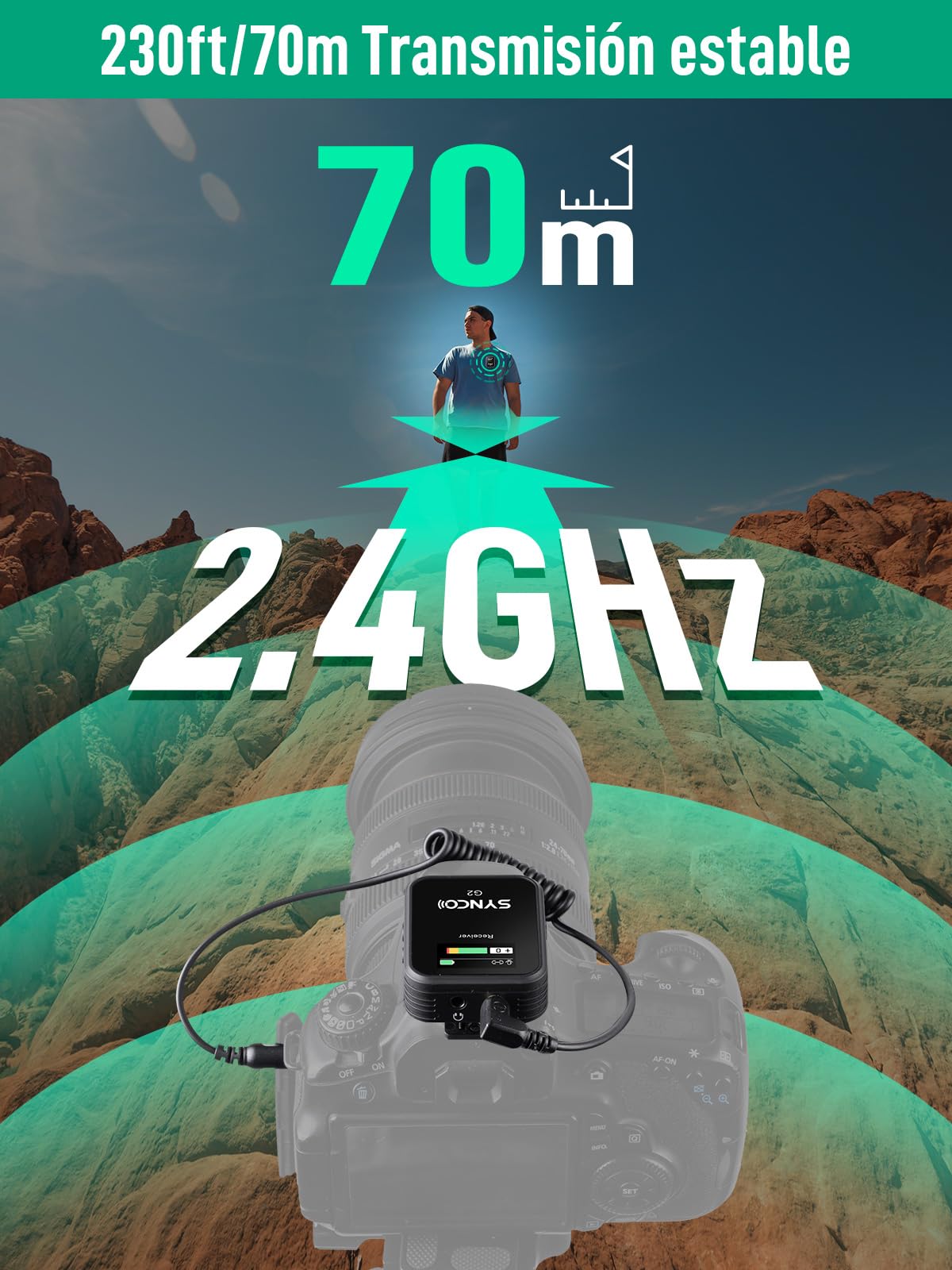 SYNCO Micro Corbata Profesional, G2 A1 Micrófono Solapa Inálambrico 2.4GHz Transmisión 70m para DSLR Cámara Móvil Videocámara Laptop y Tablet, Microfono-Lavalier-Solapa-Inálambrico-Corbata