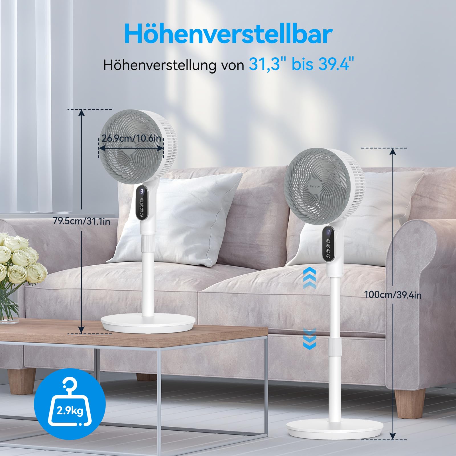 Smart Standventilator 100cm, Ventilator Leise 22dB, Turbo-Luftzirkulator mit 6 Modi, Windabstand 10 M, Oszillierend 90°, Fernbedienung Tastbildschirm, 9h Timer