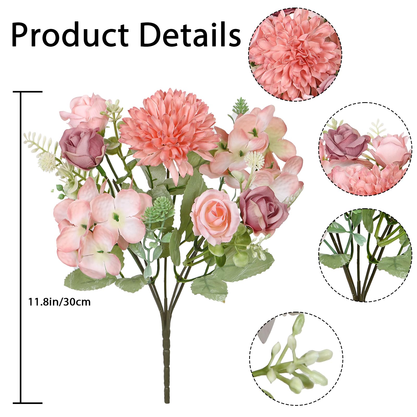 DEMIUKO 2 Bunches Artificial Flowers Pink Hydrangea Fake Roses Flowers Bouquet 12in Faux Silk Flowers Arrangement Indoor Floral Plants for Wedding Party Table Centerpieces Spring Home Vase Decor - Image 2