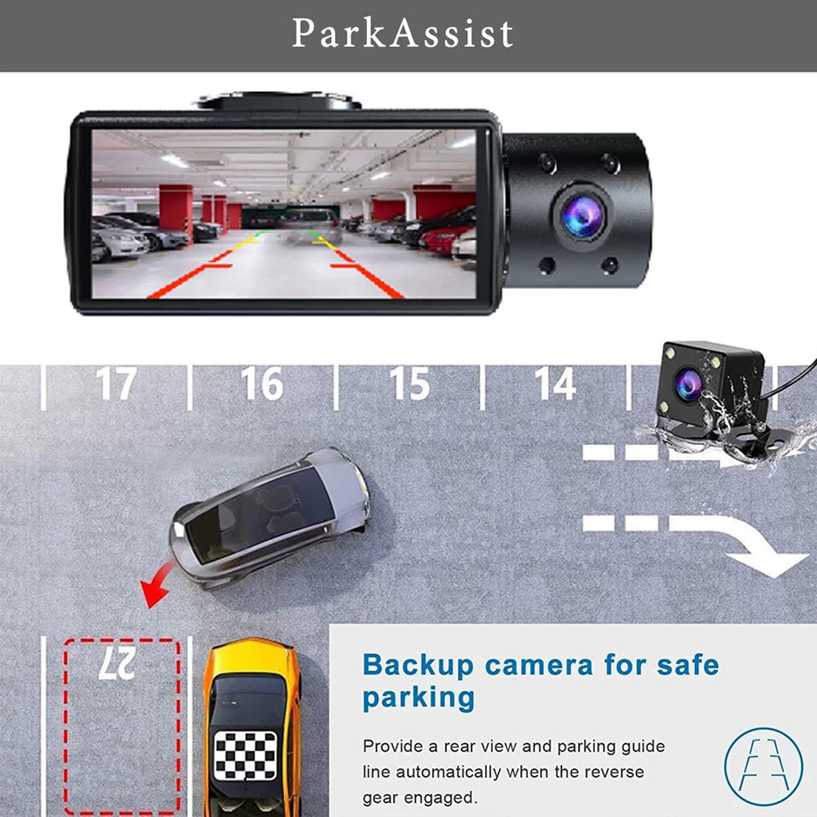 Cámara DVR para Coche Delantera y Trasera 1080P Visión Nocturna, Dash CAM Triple con Modo de Estacionamiento 24H, Sensor G Detección de Movimiento, Grabador de Conducción