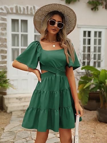 Miniatura 2 de LILLUSORY Vestido corto de verano para mujer 2024 con corte de manga corta, cuello cuadrado, cintura cruzada