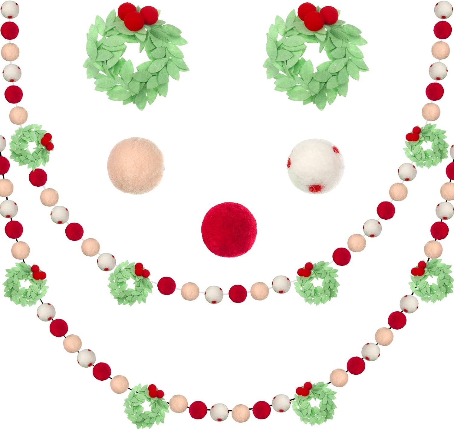 Irenare 2 Pieces Christmas Felt Ball Garland Green Pom Pom Garland Decorations Colorful Felt Banner 16.8 Feet Long 76 Balls Holiday Hanging Ornaments for Christmas Tree Party Classroom Decor