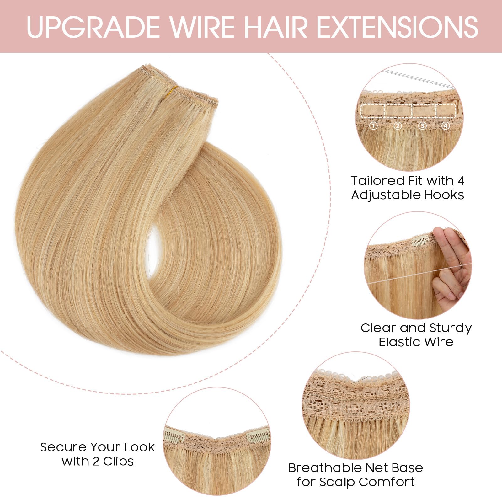 Silk-co Extensions Echthaar mit Draht, Clip in Extensions 70g, Secrets Haarverlängerung Haarteil für Frauen 50cm #18RP613R Graublond mix Bleichblond