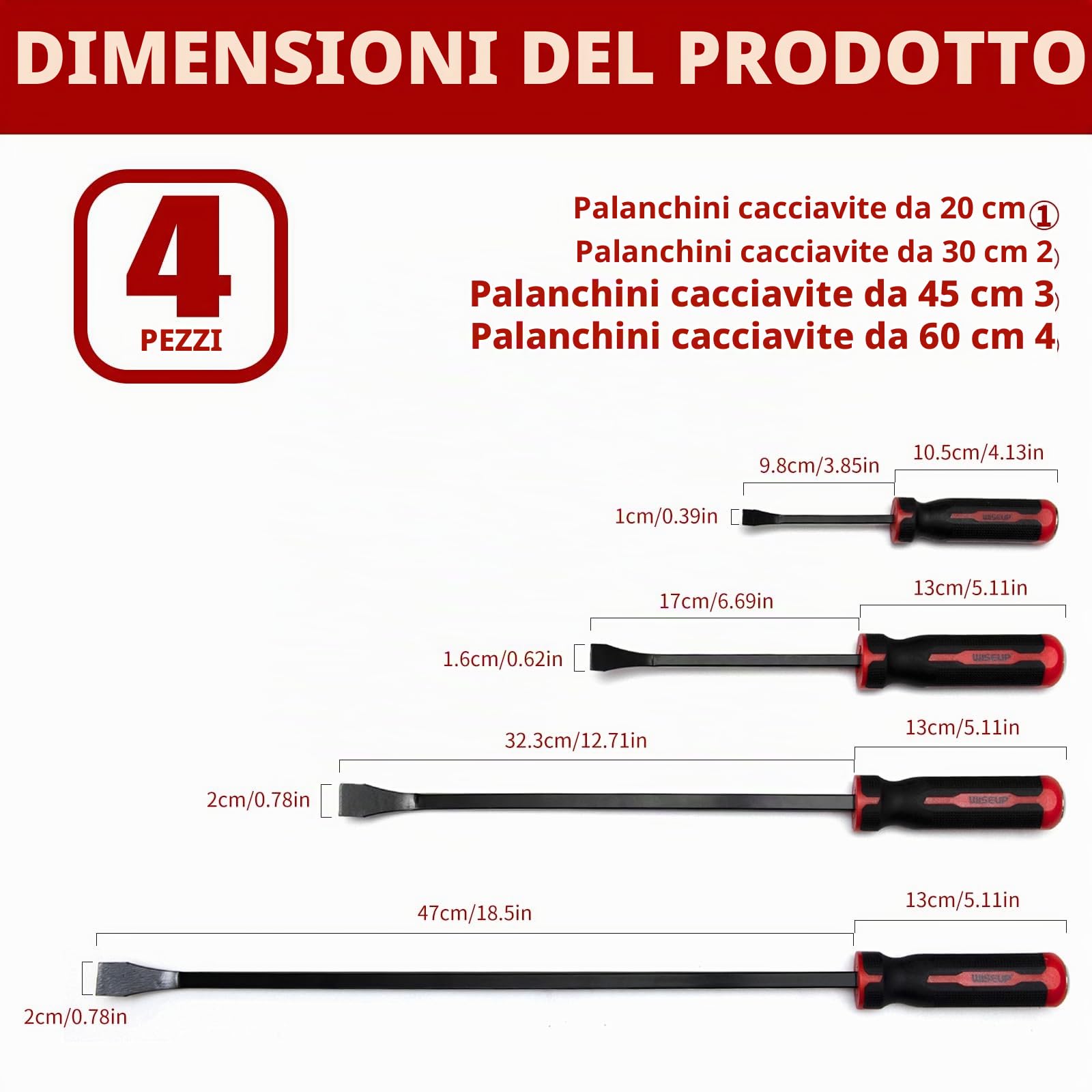 Set di leve da 4 pezzi WISEUP, 20,3 cm, 30,5 cm, 45,7 cm, 61 cm, piede di porco resistente con cappucci di impatto più spessi per lavori di leva, demolizione, strumenti manuali per meccanici