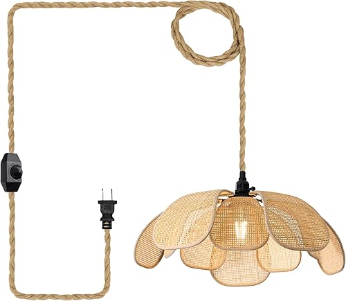 Miniatura 1 de Candelabros bohemios enchufables, luces colgantes de ratán, lámpara colgante de flores con interruptor de encendidoapagado, cuerda de cáñamo de 15