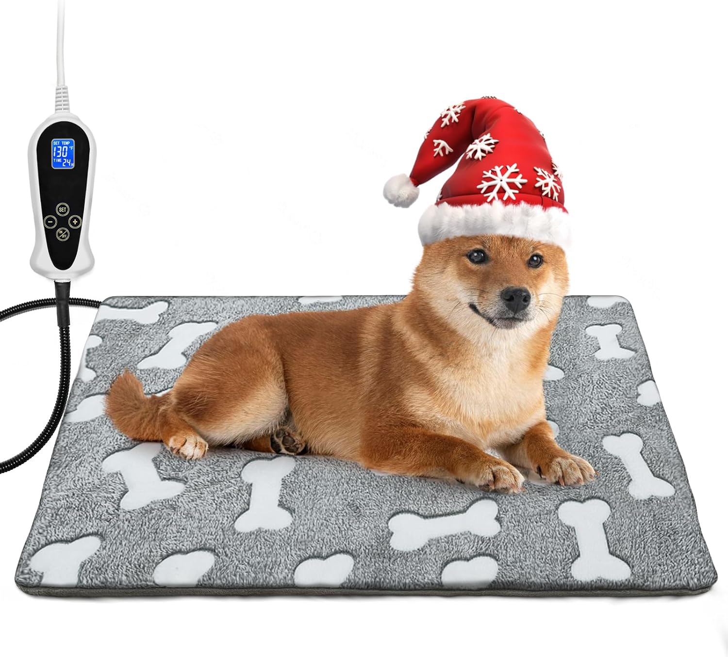 Bestio Pet Heating Pad, 2818 in Waterproof Heated Dog Bed, Upgraded Temperature Control Switch, Heated Cat Bed with Always Open On Function with Anti-Bite Wire Rope and Plush Cover-Gray