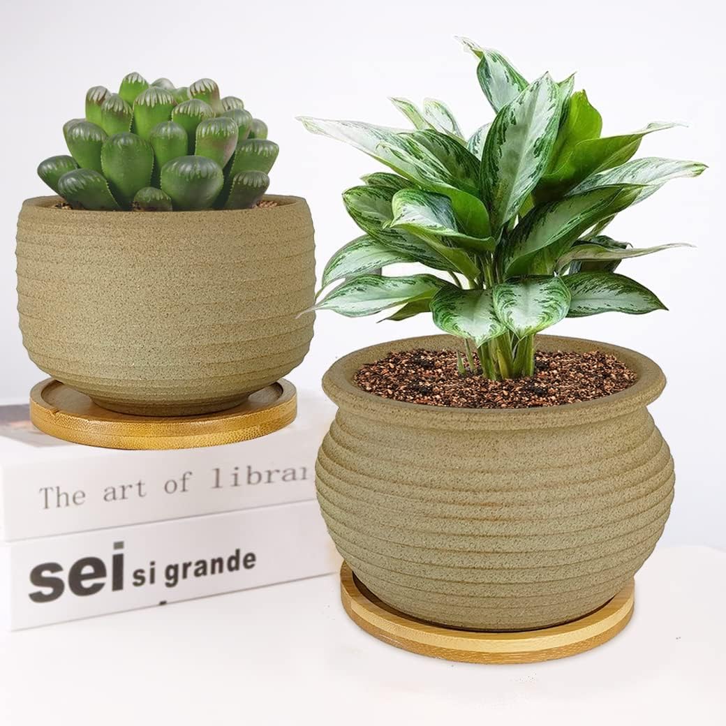 MUZHI Rustic Small Plant Bonsai Pot with Bamboo Tray Set of 4, Unglazed Ceramic Cactus Planter Pot Indoor with Drainage Hole 4Inch 5Inch