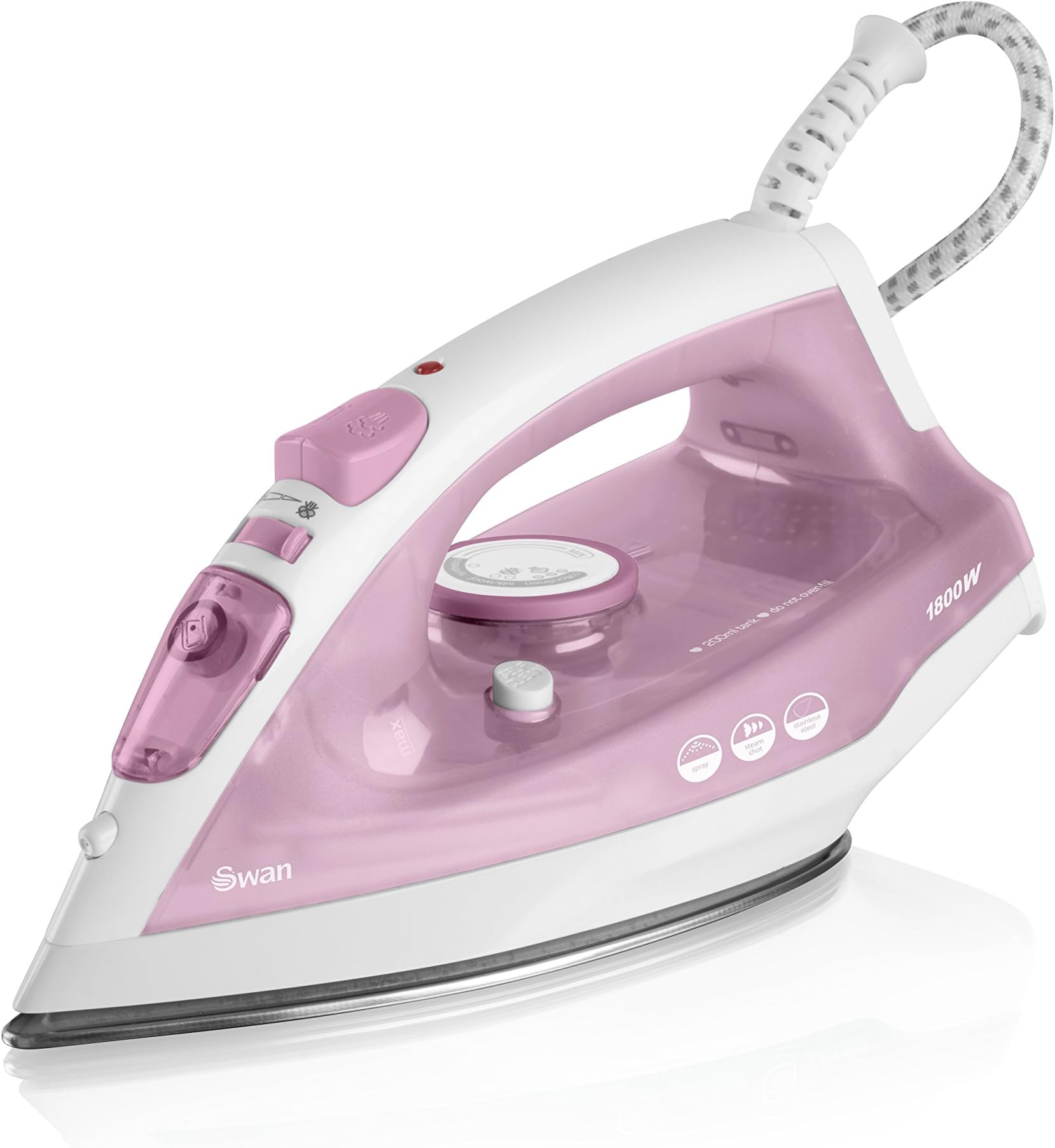 Swan SI30140N Stainless Steel Soleplate Steam Iron, Energy Efficient, Lightweight and Compact,1800W, Pink