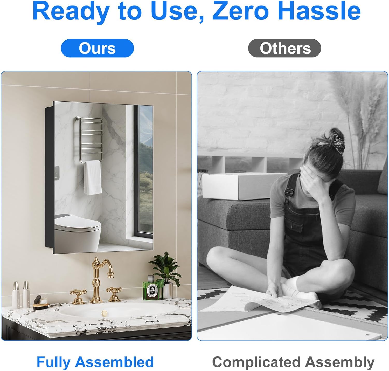 JBLCC Medicine Cabinet with Mirror, 24''x32'' Aluminum Bathroom Mirror with Storage Fully-Assembled, Rustproof & Moistureproof Lightweight Wall Mounted or Recessed Medicine Cabinet Mirror, Black