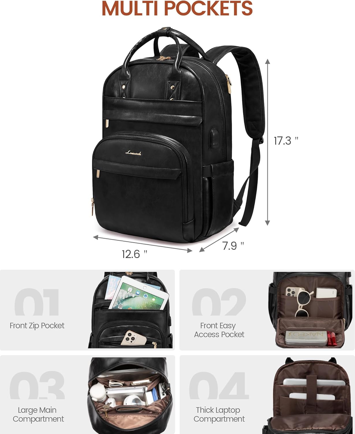 LOVEVOOK Vintage PU Leather 15.6 inch Women's Laptop Backpack, Black, 25L, Water Resistant, USB Charging Port - Image 4