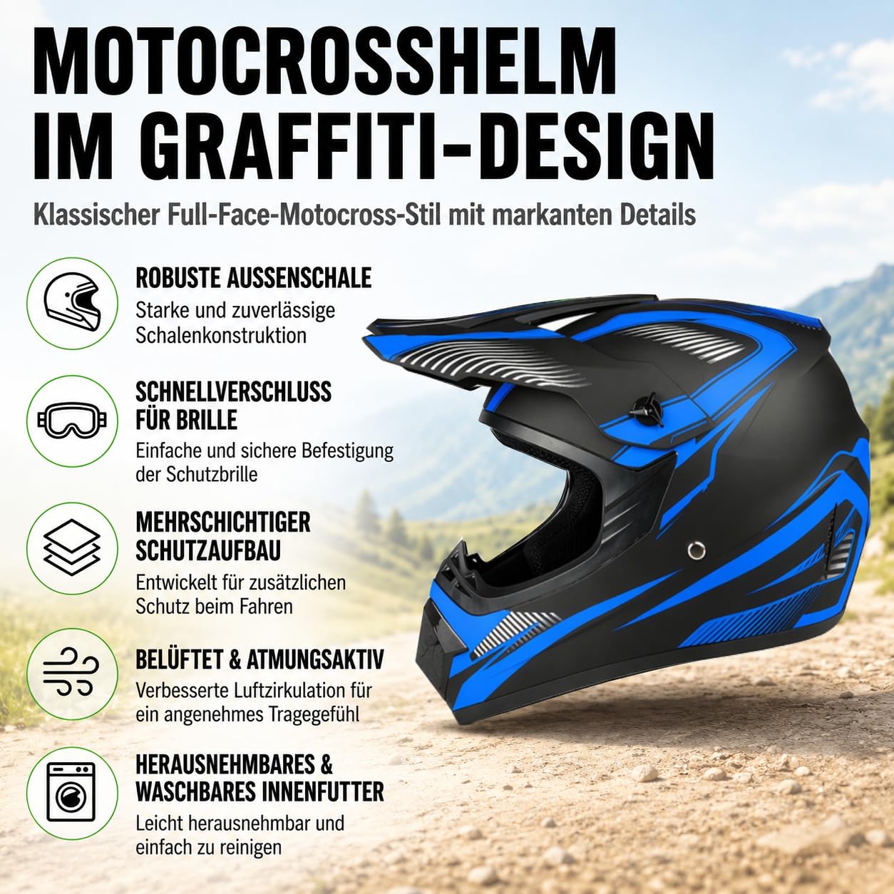 Motocross Helm Fullface für Kinder, DOT-geprüft mit komplettem Zubehörset