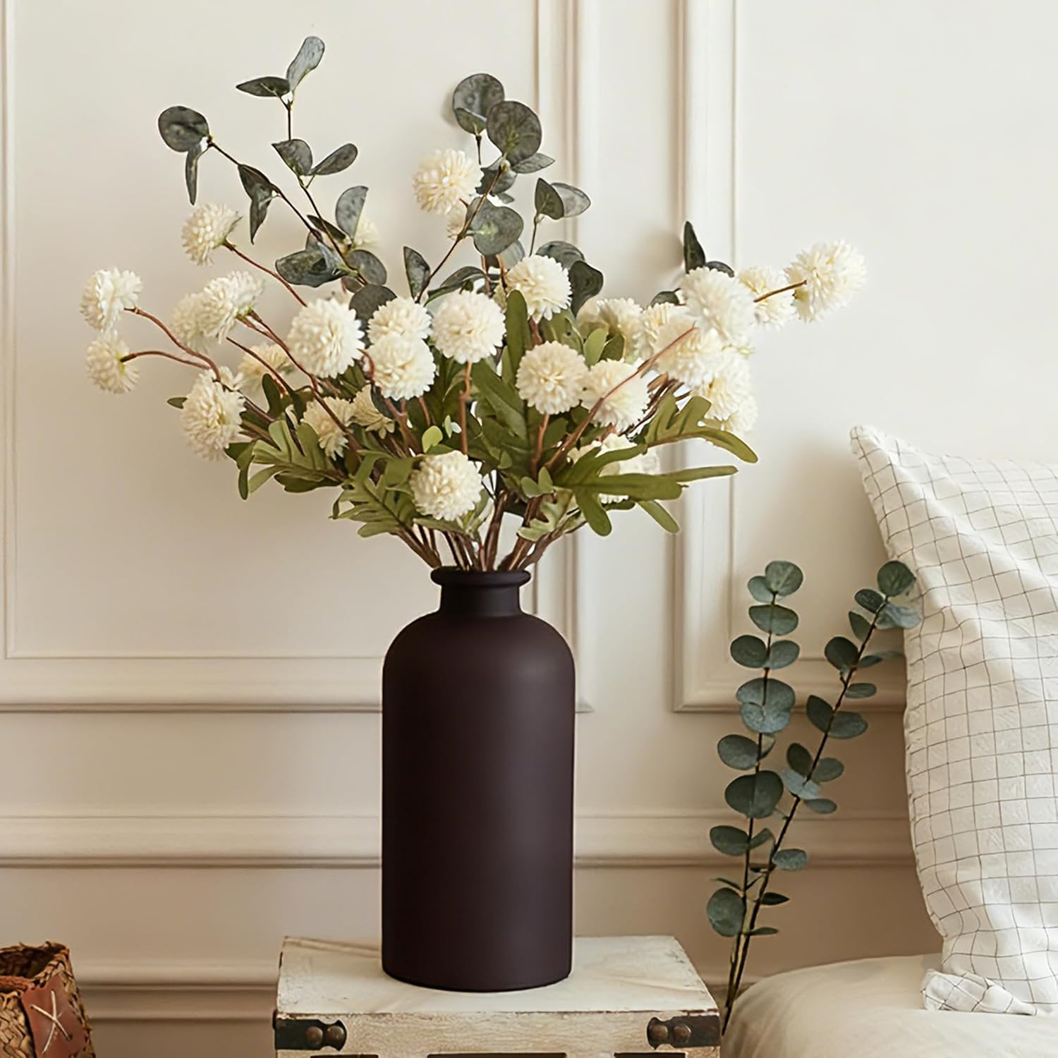 Artificial Petunia Arrangement,Weather Resistant Polyester, 12bundles Artificial Flowers Mixed Blooms, Indoor Outdoor Hanging Basket for Home Patio Garden (Milk White+Gray Blue Eucalyptus)