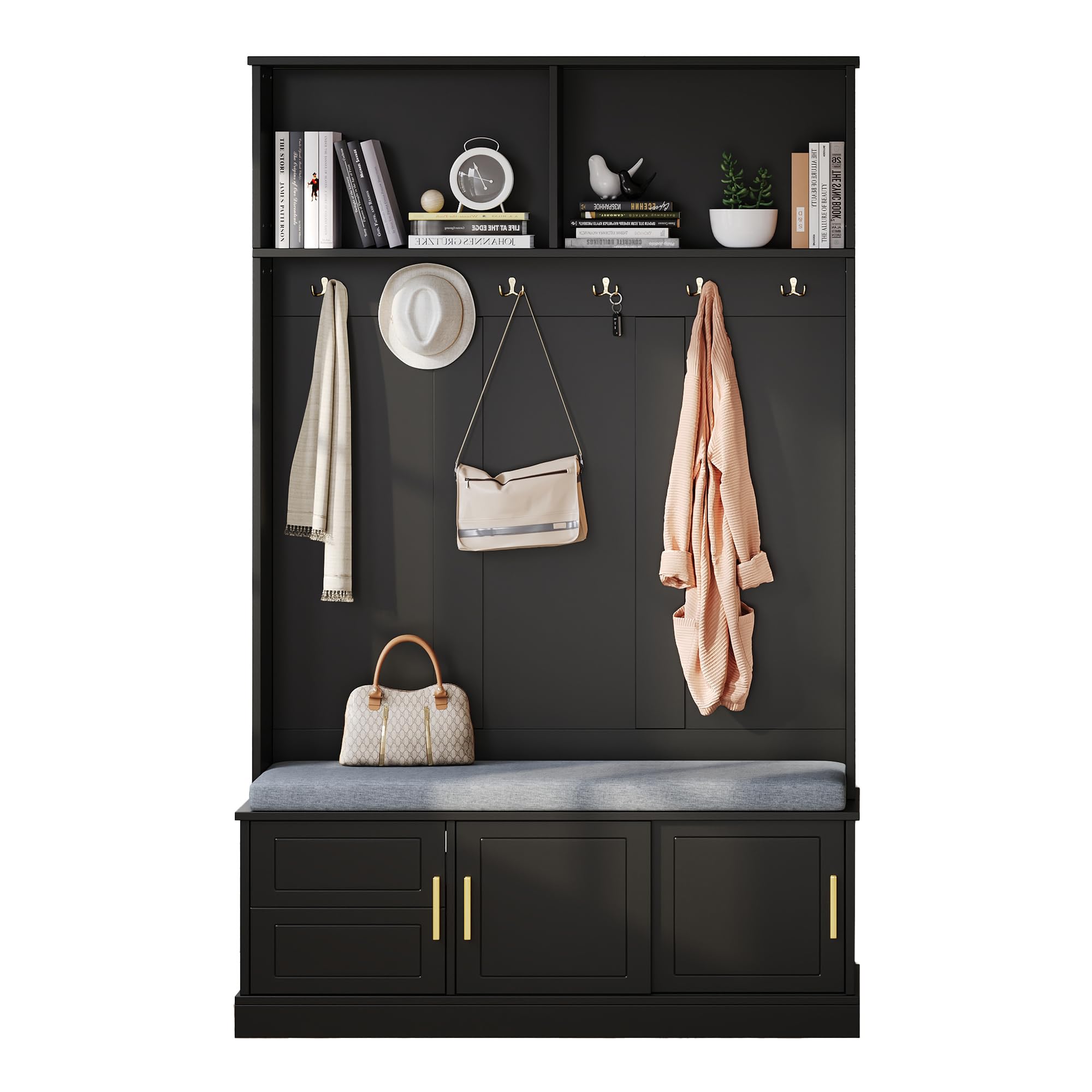 Vestiaire D’Entres avec Banc Et Rangement De Chaussures, Meuble D’Entres avec Porte-Manteau, Ferme Moderne Grange Porte 3-en-1 Arbre Hall avec Tabouret Coussiné Et Crochets pour Le Couloir