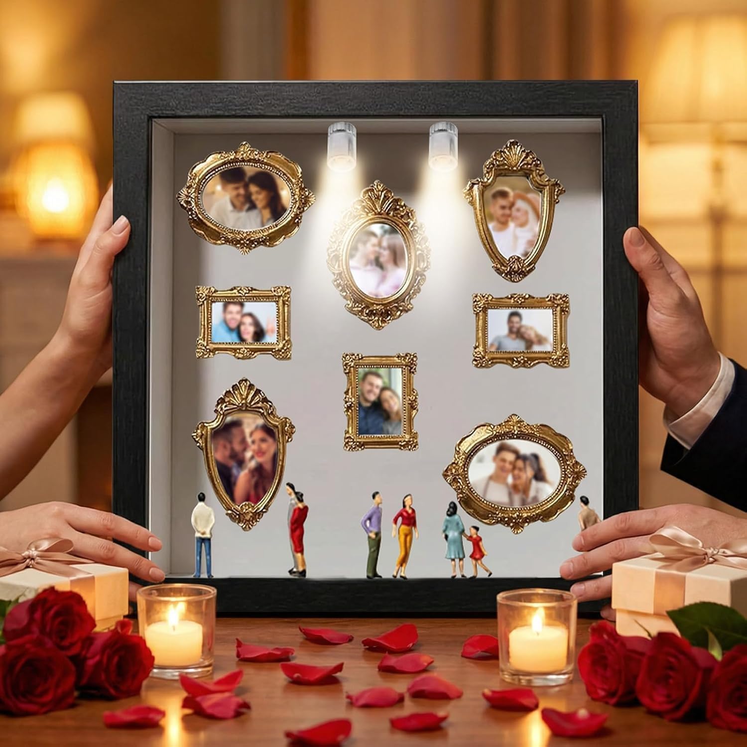 Pipihome Mini Museum Bilderrahmen Vintage, DIY Mini Bilderrahmen zum Befüllen mit Golden Rahmen & Miniatur Menschen, Fotospeicher Bilderrahmens mit LED Licht für Deko Wohnzimmer Schlafzimmer