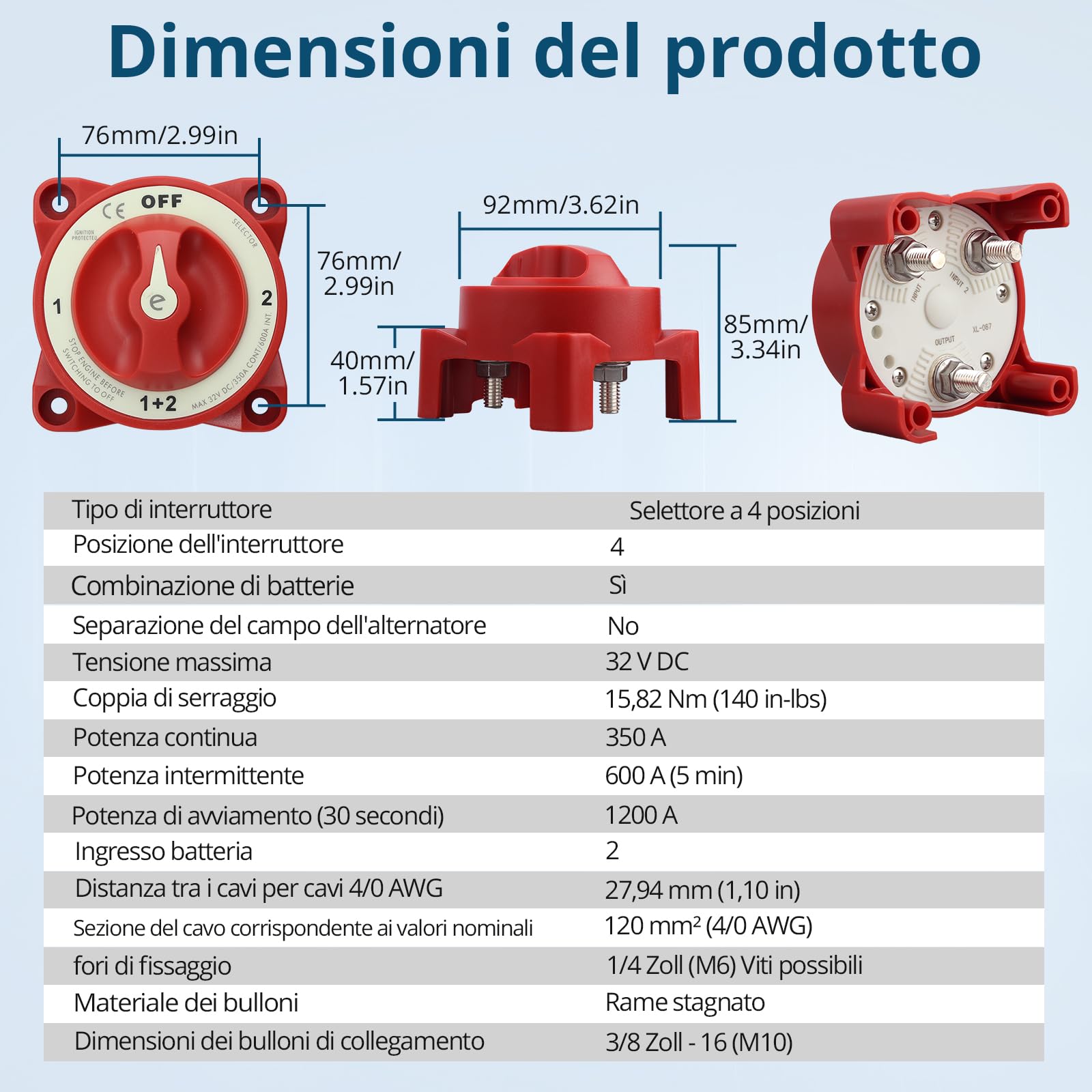 Interruttore Stacca Batteria 12V 24V 32V 350A per Auto, Camper, Barca, Selettore Staccabatteria On/Off 4 Posizioni, Nucleo in Rame Argentato, Impermeabile IP65, Adatto al Bullone M10