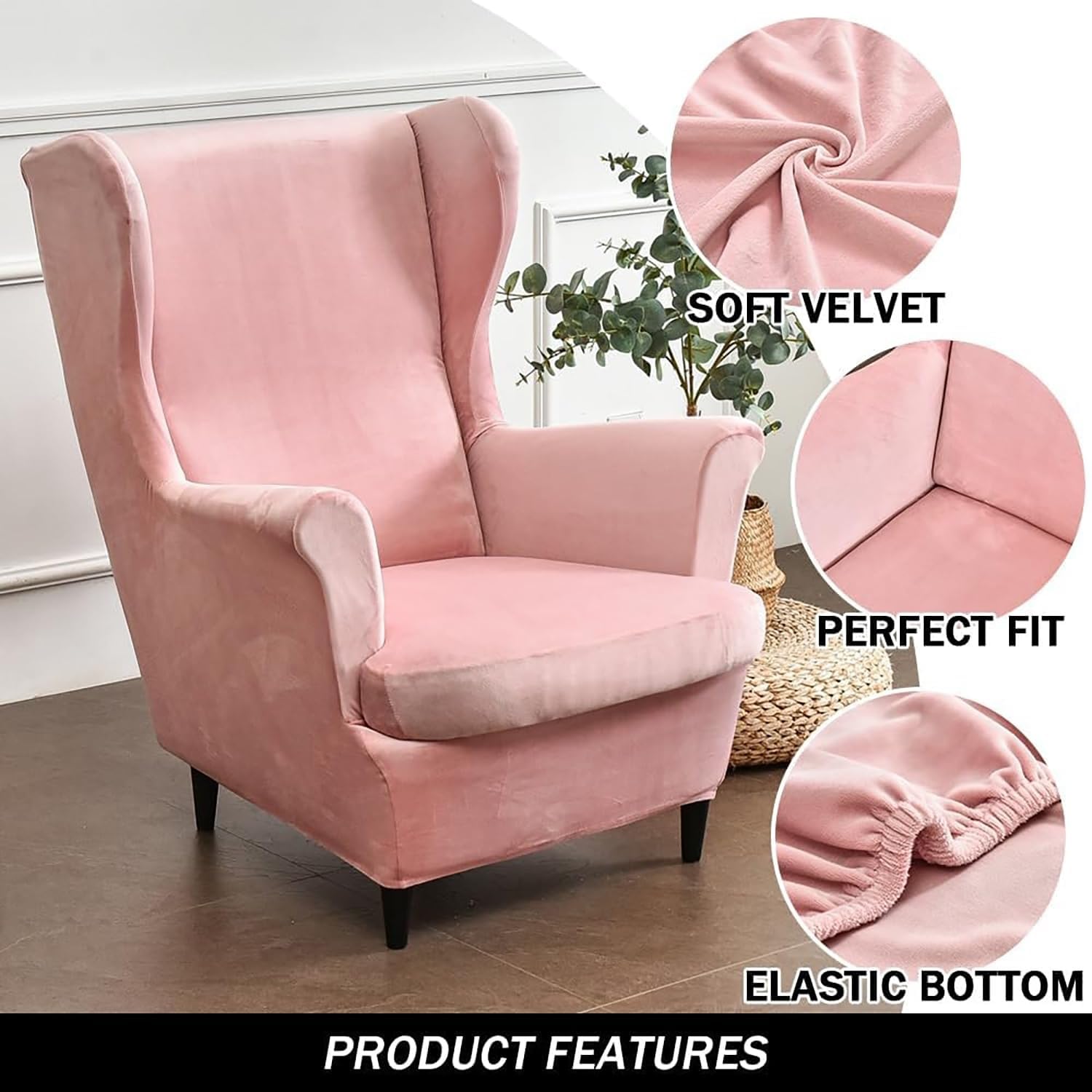 Wingback Chair Covers 2 Piece Set Stretch Wing Chair Cushion Sofa Slipcover, Removable Velvet Wing Back Armchair Furniture Protector for Living Room Bedroom Hotel(Pink)