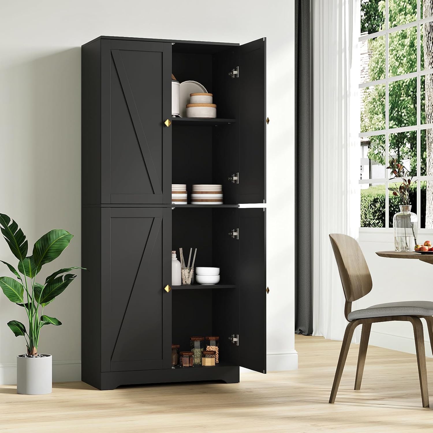 Kitchen Pantry Cabinet Set of 3, 72” Tall Farmhouse Storage Cabinet with 4 Barn Doors and Adjustable Shelves, Pantry Cabinet Versatile Storage for Kitchen, Living Room, Black