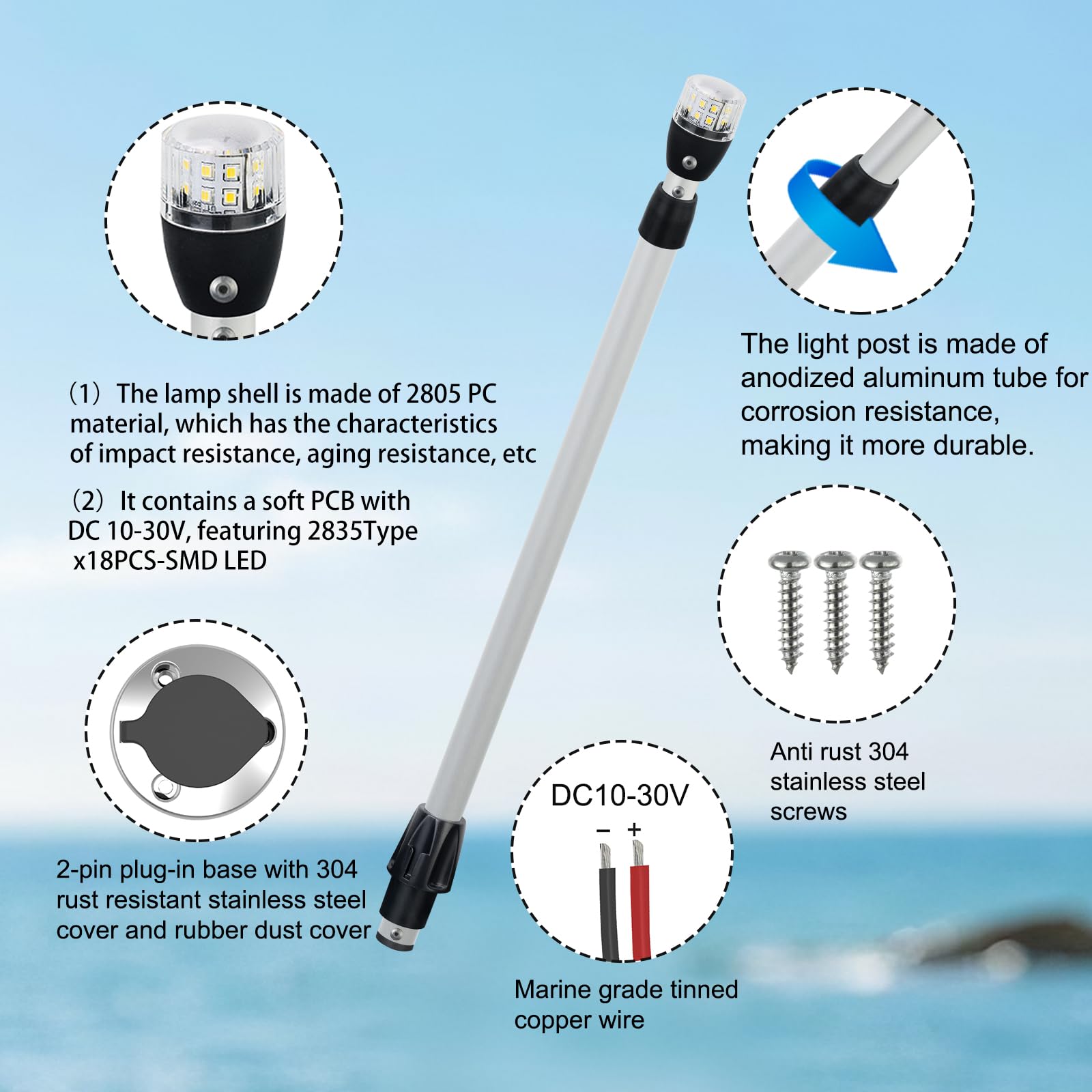 Luce di poppa/ancoraggio telescopica in alluminio, navigazione a LED a tutto tondo, 10-30 VDC, 28-43 pollici, base plug-in rimovibile, per pontone e barche