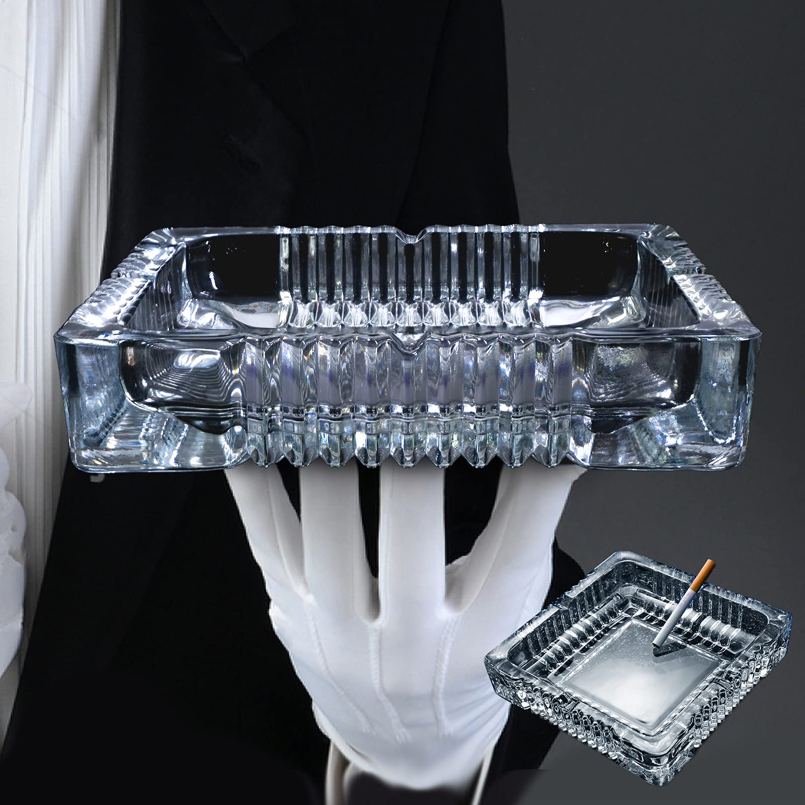 Ashtray, Large Glass Ashtray for cigarette cigar, Clear Crystal Ash trays Outdoor Glass Spuare Ashtrays (8x8inch)