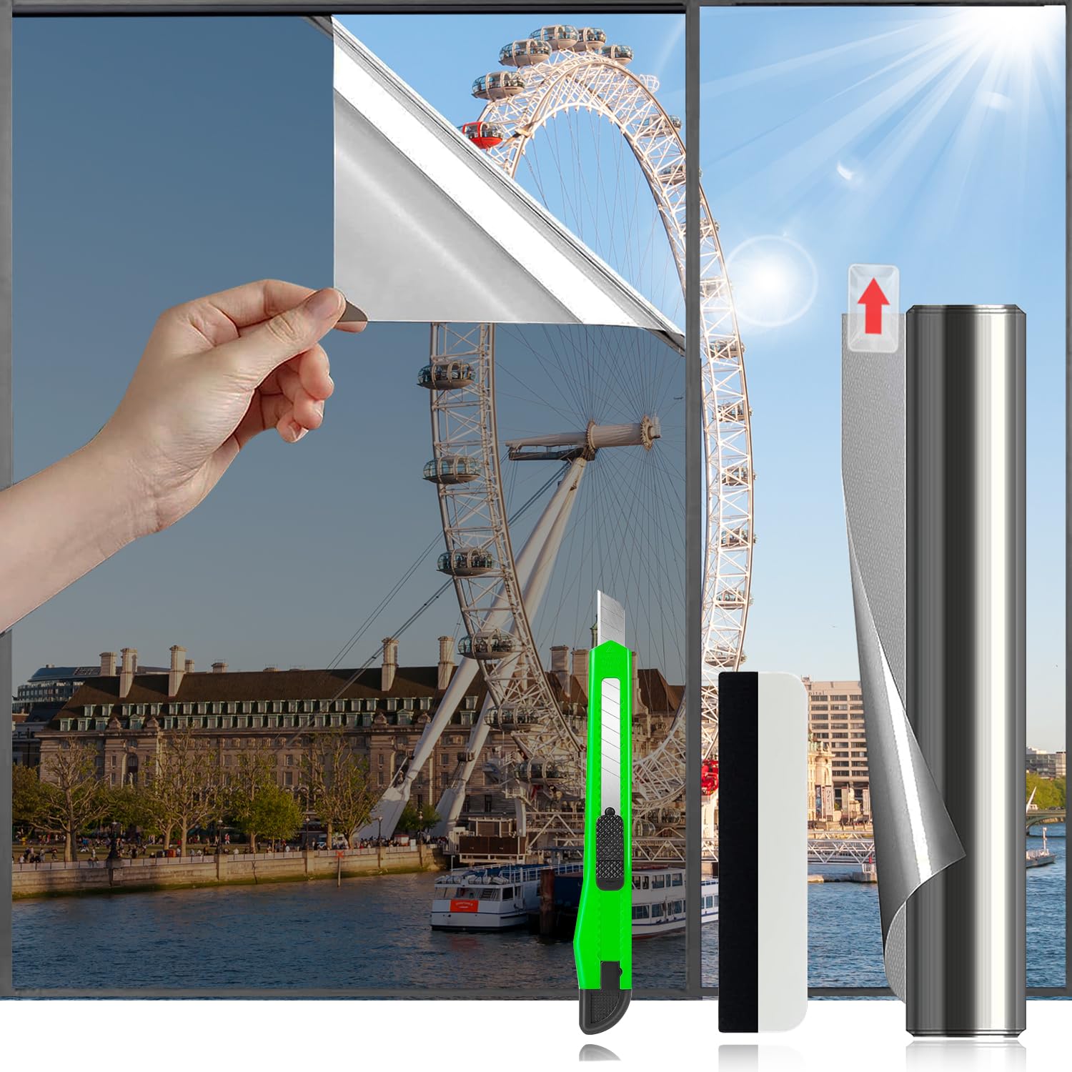 one way window film daytime privacy window tint anti uv static cling heat control reflective mirror films for home office?black silver, 17.5x196.8 inches (44.5x500cm)?