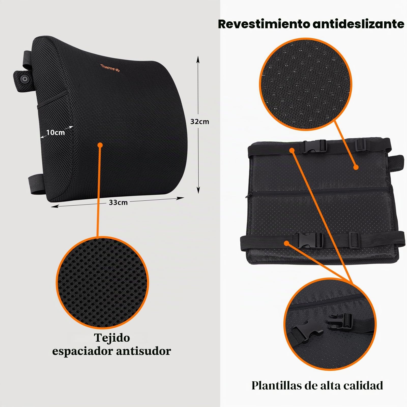 Thermrup Cojín trasero ergonómico con calor infrarrojo lejano, regulación de temperatura de 3 niveles