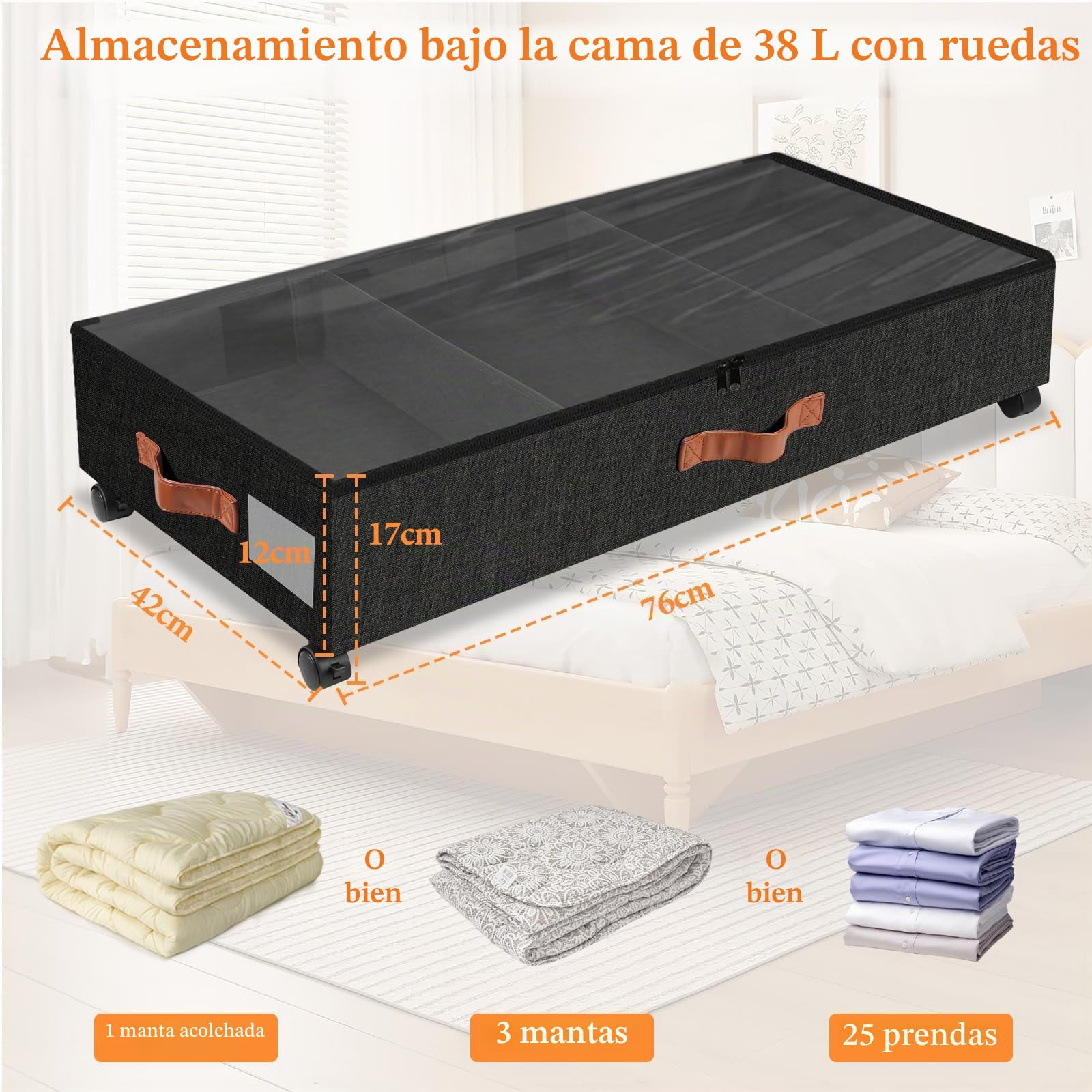 2 Piezas Cajas Almacenaje Ropa con Ruedas, Negro 38L Grande Caja Bajo Cama con Tapa Ventana Visible Marco Metálico Almacenaje Bajo Cama Para Zapatos Mantas Ropa Juguetes Libros Edredones
